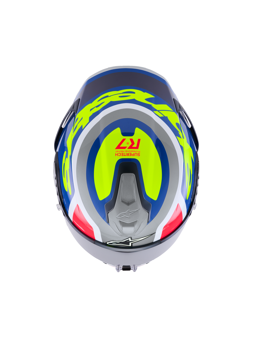 Alpinestars S-R7 Lumen Helmet ECE 22.06, full face motorcycle racing helmet, top view showing silver, blue, pink, and yellow glossy carbon composite graphics