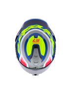 Alpinestars S-R7 Lumen Helmet ECE 22.06, full face motorcycle racing helmet, top view showing silver, blue, pink, and yellow glossy carbon composite graphics