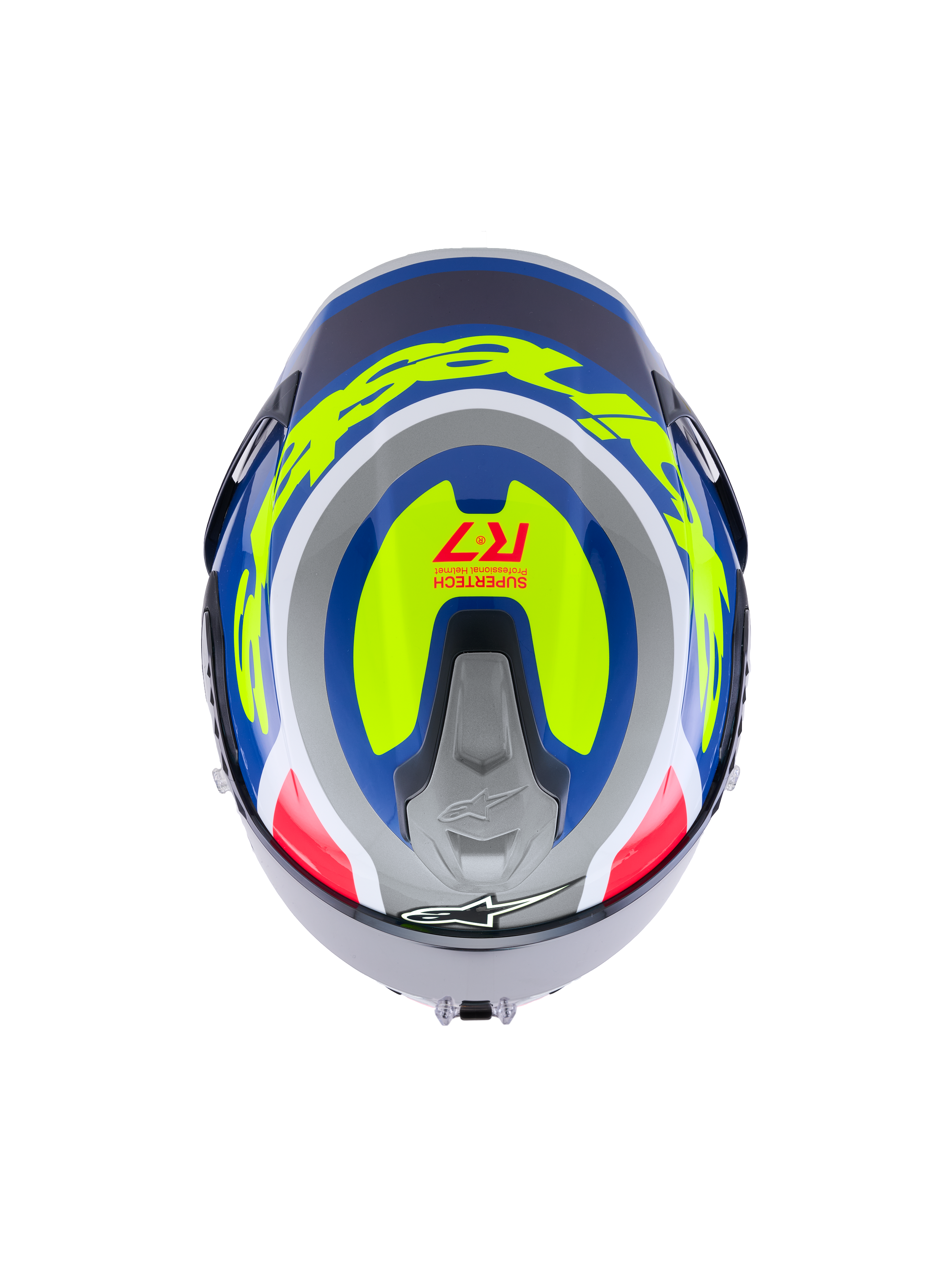 Alpinestars S-R7 Lumen Helmet ECE 22.06, full face motorcycle racing helmet, top view showing silver, blue, pink, and yellow glossy carbon composite graphics