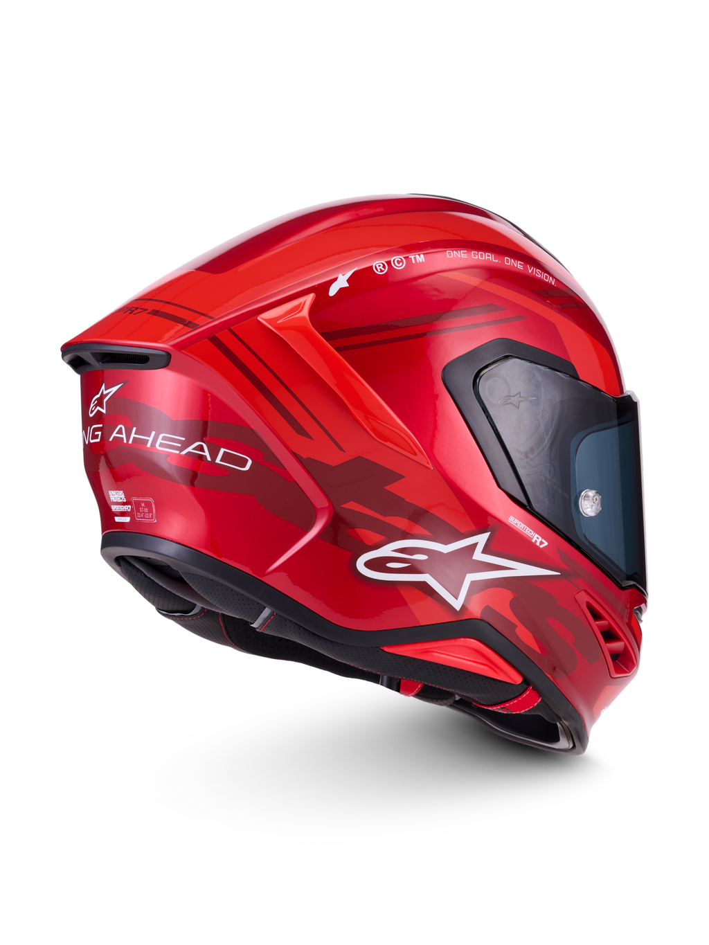 Alpinestars S-R7 A-Core Helmet ECE 22.06, full face motorcycle road helmet in Red White Glossy, side profile view featuring advanced aerodynamics, carbon composite construction, and distinctive branding
