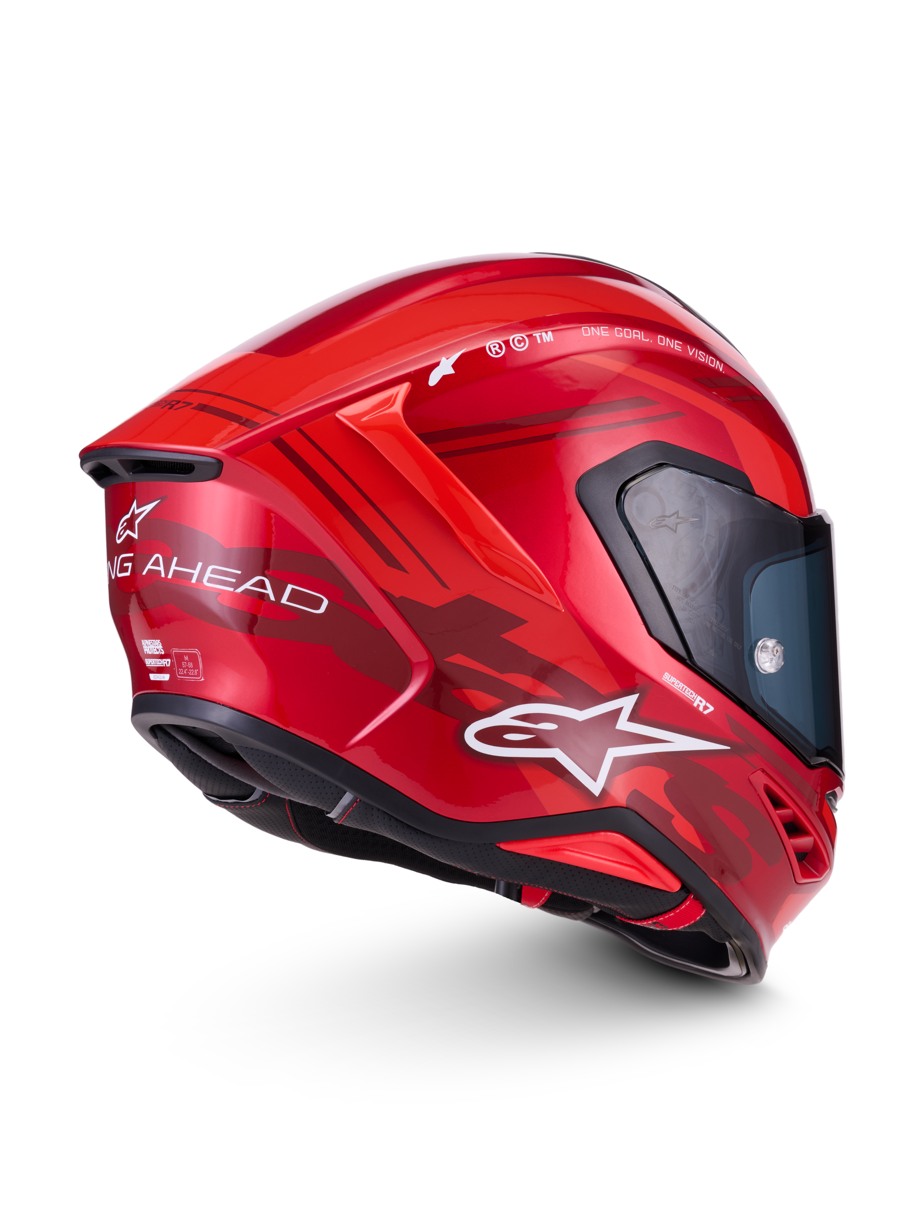 Alpinestars S-R7 A-Core Helmet ECE 22.06, full face motorcycle road helmet in Red White Glossy, side profile view featuring advanced aerodynamics, carbon composite construction, and distinctive branding
