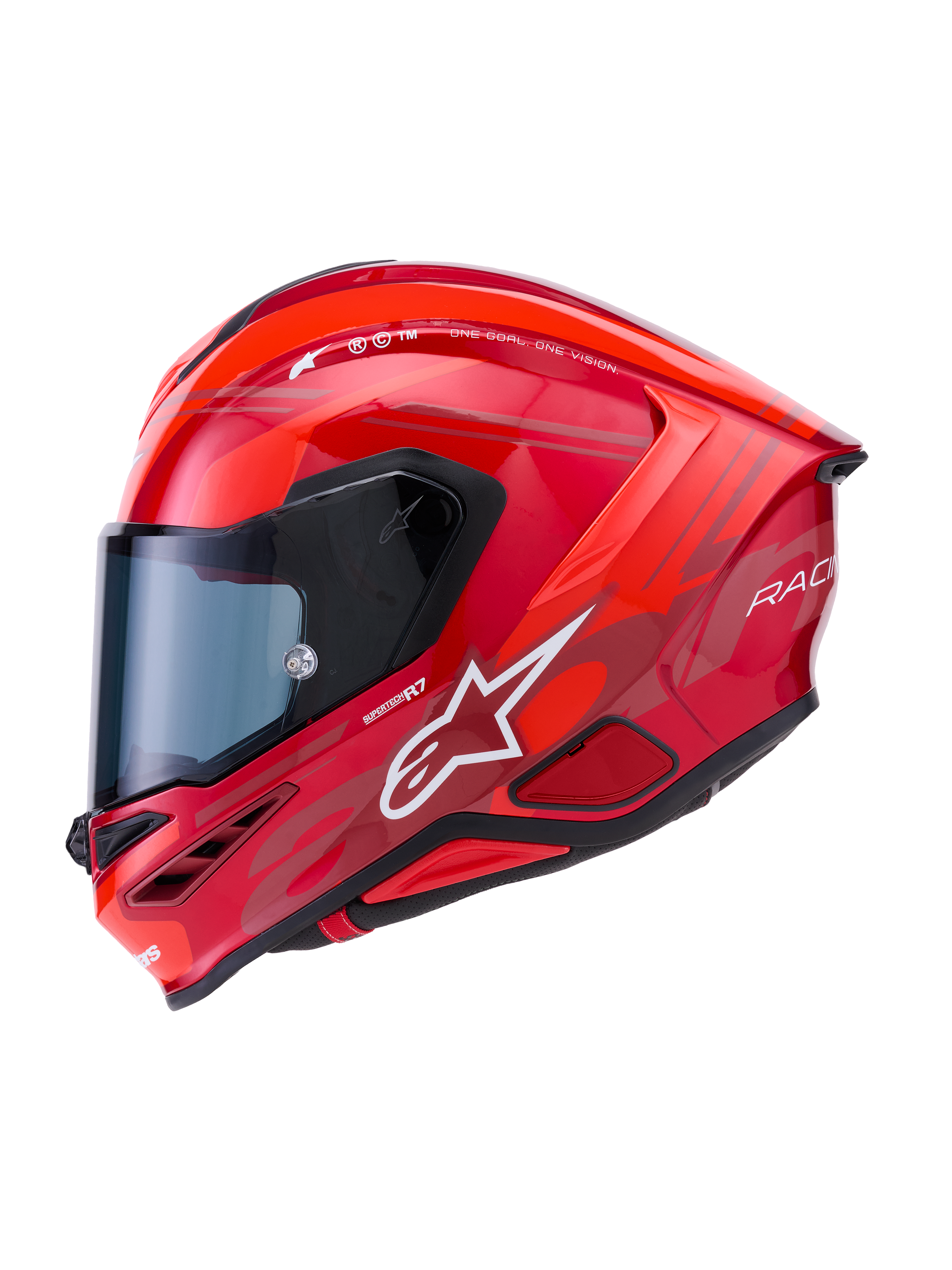 Alpinestars S-R7 A-Core Helmet, full-face motorcycle road racing helmet in Red and White glossy finish with aerodynamic carbon composite construction