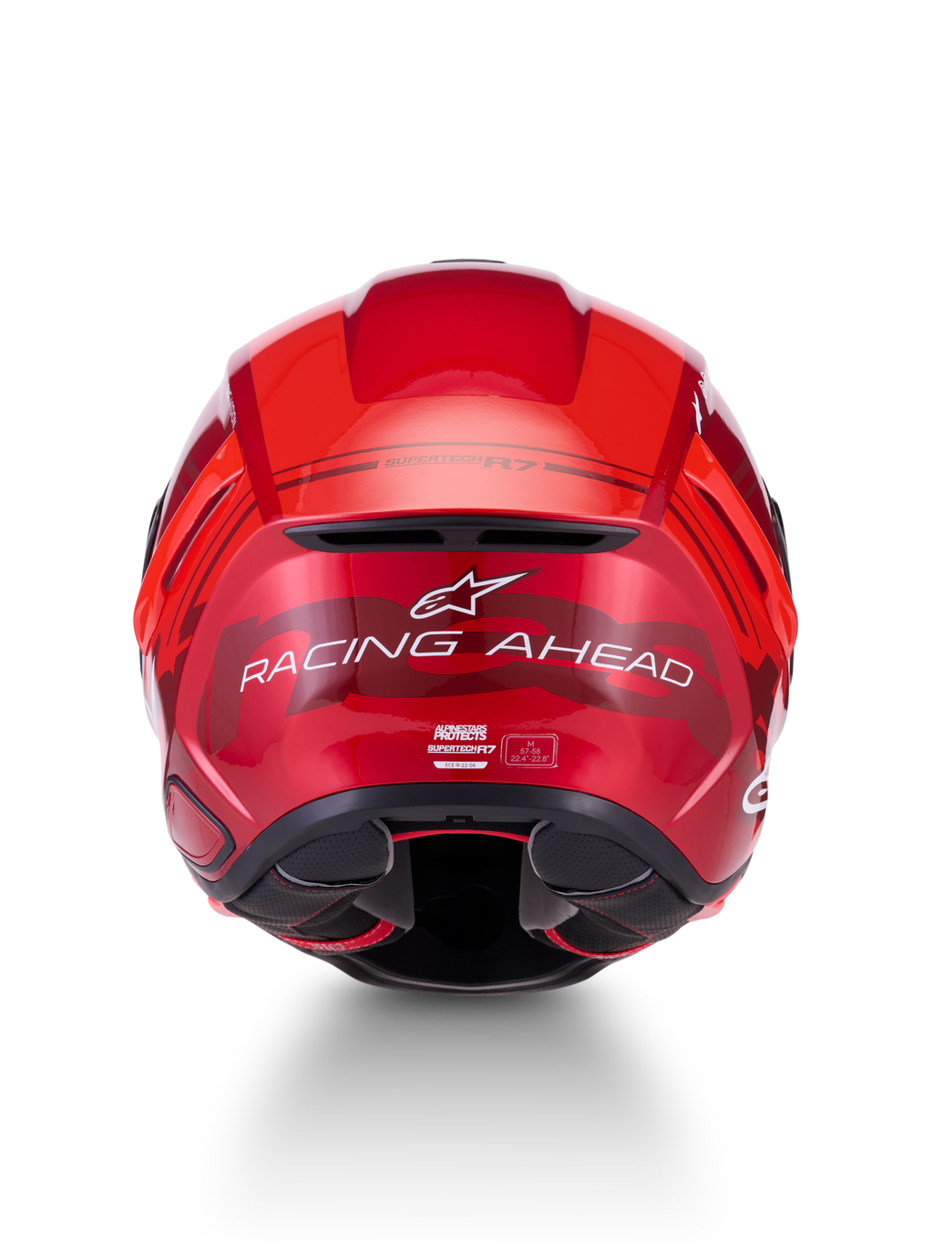 Alpinestars S-R7 A-Core Helmet, ECE 22.06 Motorcycle Racing Helmet, rear view showing Red White Glossy finish and "Racing Ahead" branding