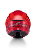 Alpinestars S-R7 A-Core Helmet, ECE 22.06 Motorcycle Racing Helmet, rear view showing Red White Glossy finish and "Racing Ahead" branding