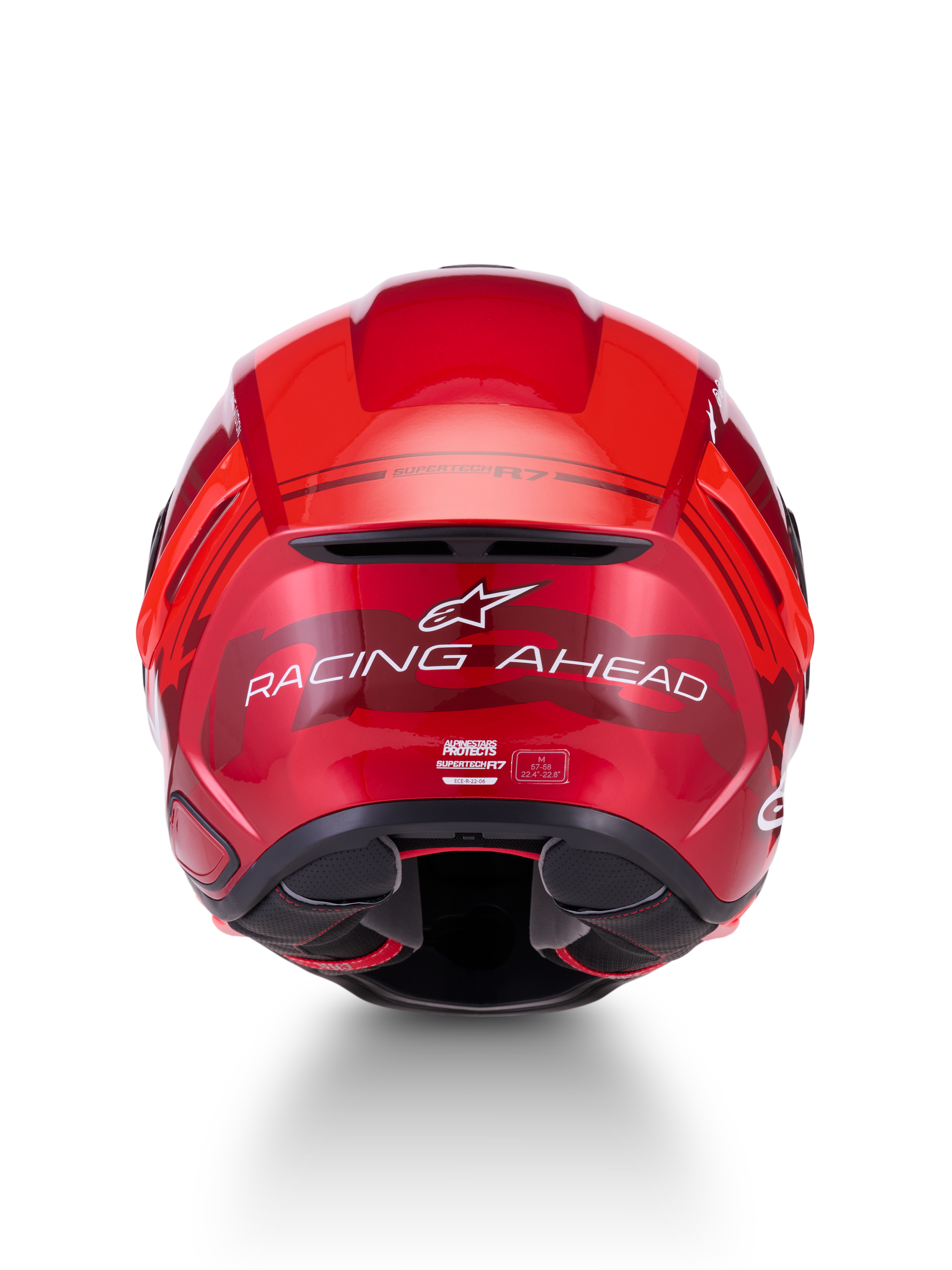 Alpinestars S-R7 A-Core Helmet, ECE 22.06 Motorcycle Racing Helmet, rear view showing Red White Glossy finish and "Racing Ahead" branding