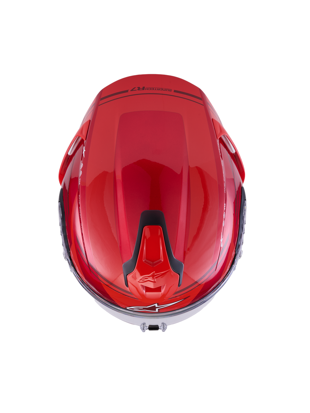 Alpinestars S-R7 A-Core Helmet ECE 22.06, motorcycle road racing helmet, top-down view showing aerodynamic carbon shell in Red and White Glossy with black ventilation details