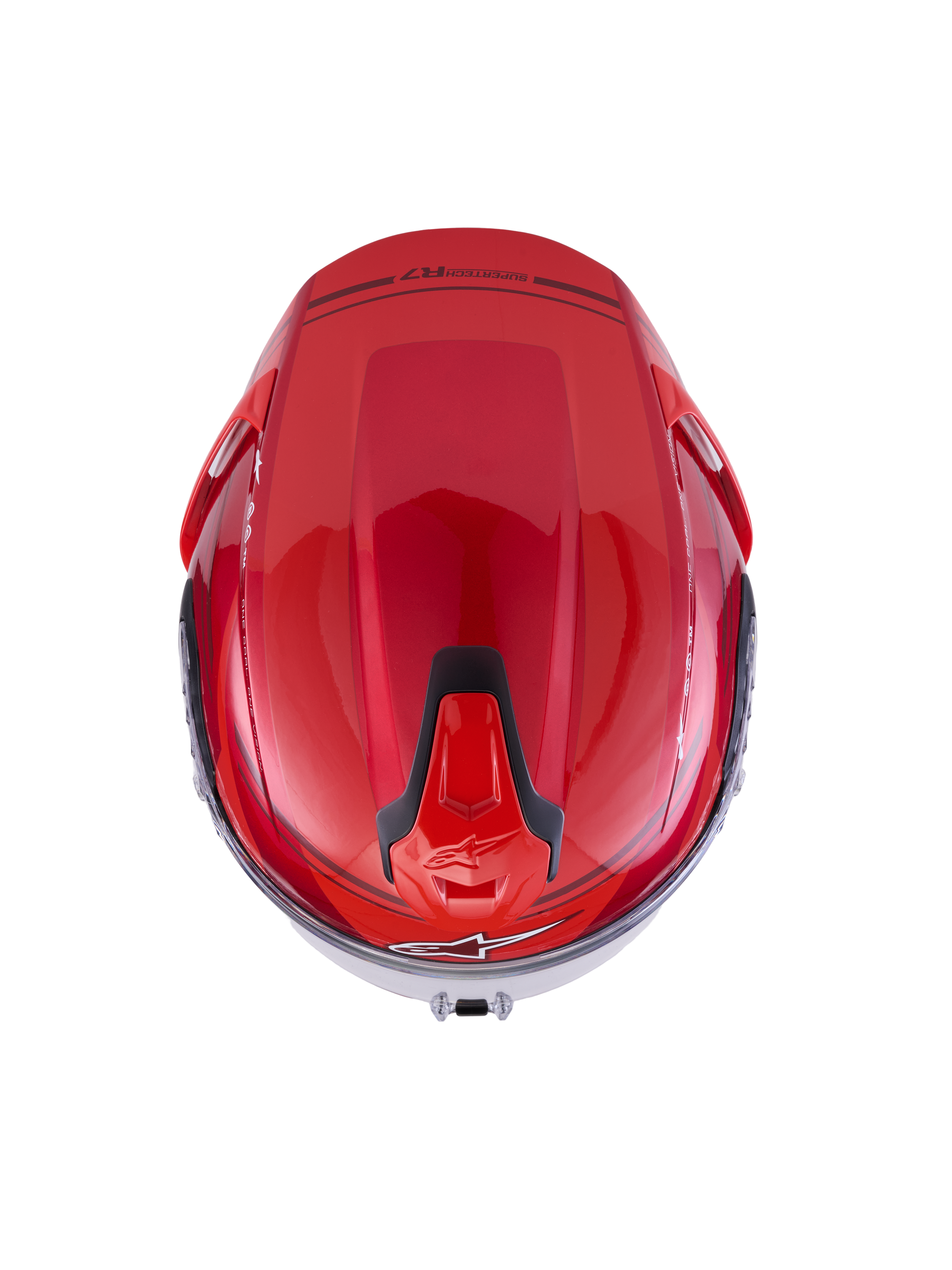 Alpinestars S-R7 A-Core Helmet ECE 22.06, motorcycle road racing helmet, top-down view showing aerodynamic carbon shell in Red and White Glossy with black ventilation details