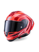 Alpinestars Supertech R10 Arius Helm, Integral-Rennhelm, Rot und Orange glänzend, mit weißen Alpinestars-Logos, dunkel getöntem Visier, aerodynamisches Carbon-Verbunddesign mit Multi-Vent-Kühlsystem