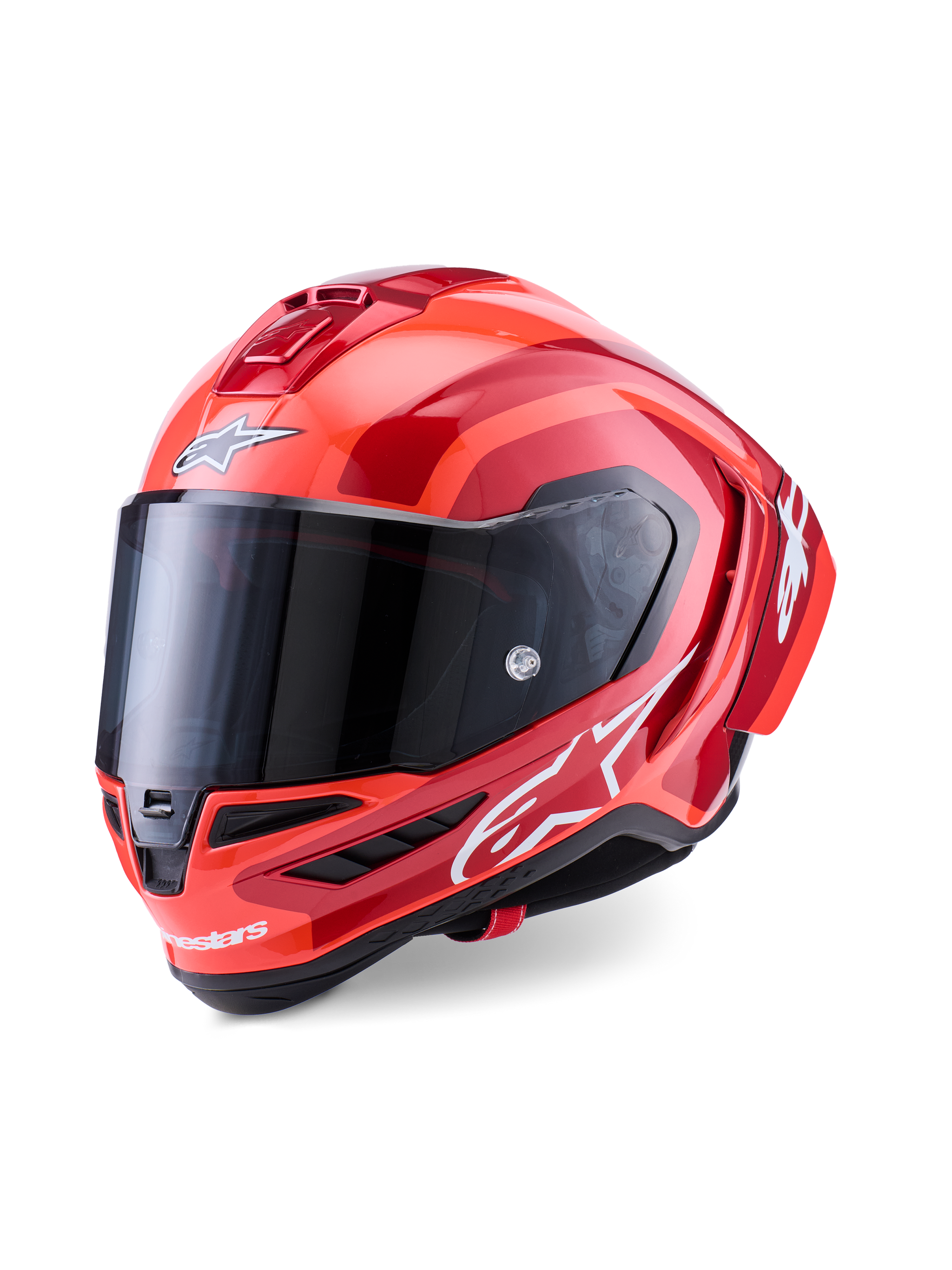 Alpinestars Supertech R10 Arius Helm, Integral-Rennhelm, Rot und Orange glänzend, mit weißen Alpinestars-Logos, dunkel getöntem Visier, aerodynamisches Carbon-Verbunddesign mit Multi-Vent-Kühlsystem