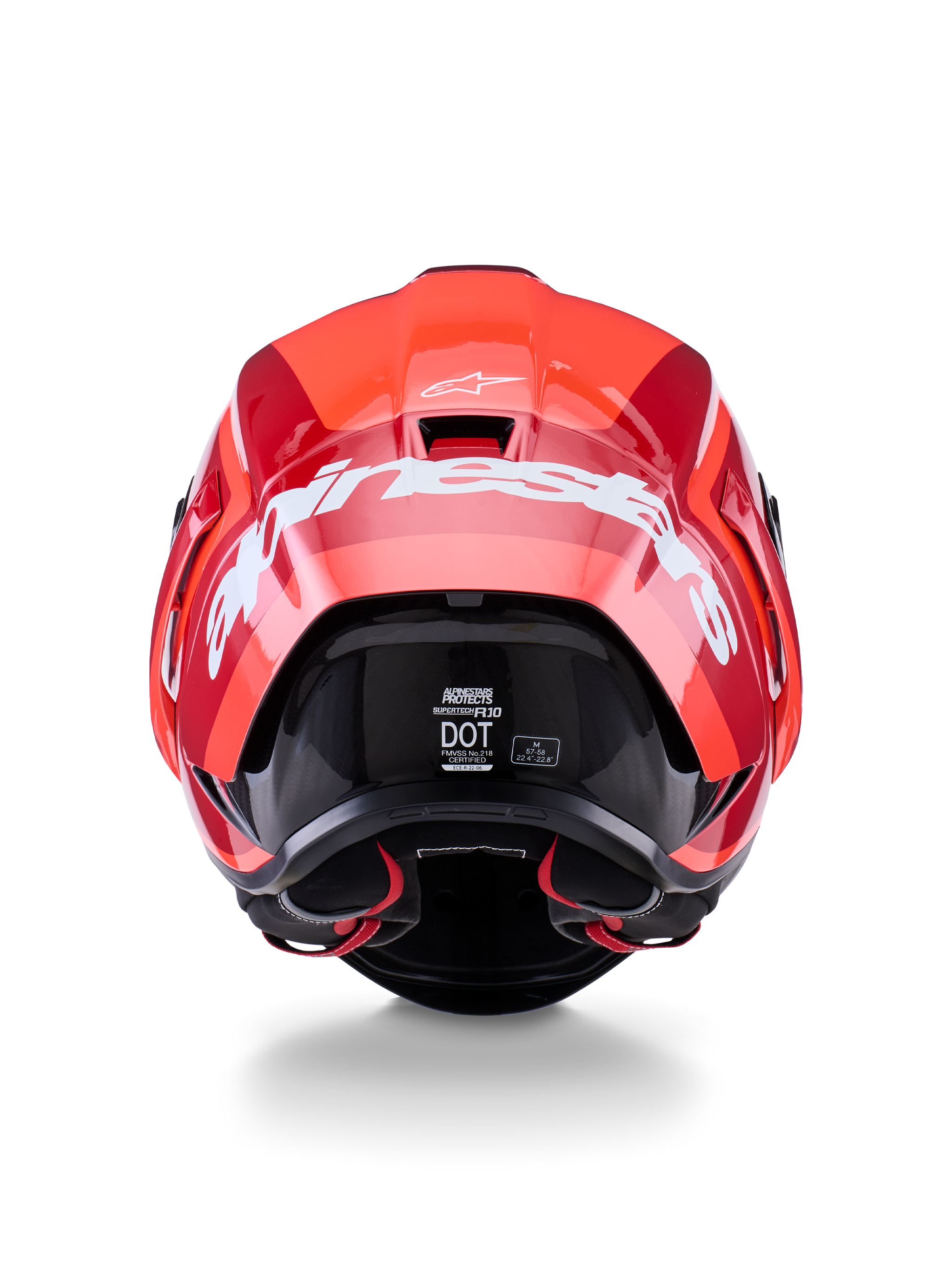 Alpinestars Supertech R10 Arius Helm, Rückansicht, Design in glänzendem Rot und Dunkelrot, großer weißer Alpinestars-Schriftzug auf der Rückseite, DOT- und ECE-Zertifizierungsetiketten sichtbar, aerodynamischer Hochleistungs-Rennhelm