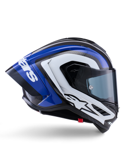 Alpinestars Supertech R10 Arius Helmet, full-face racing helmet, Black White and Blue Glossy finish, aerodynamic side view showing carbon fiber shell and large rear spoiler with Alpinestars logo, professional motorcycle protective gear