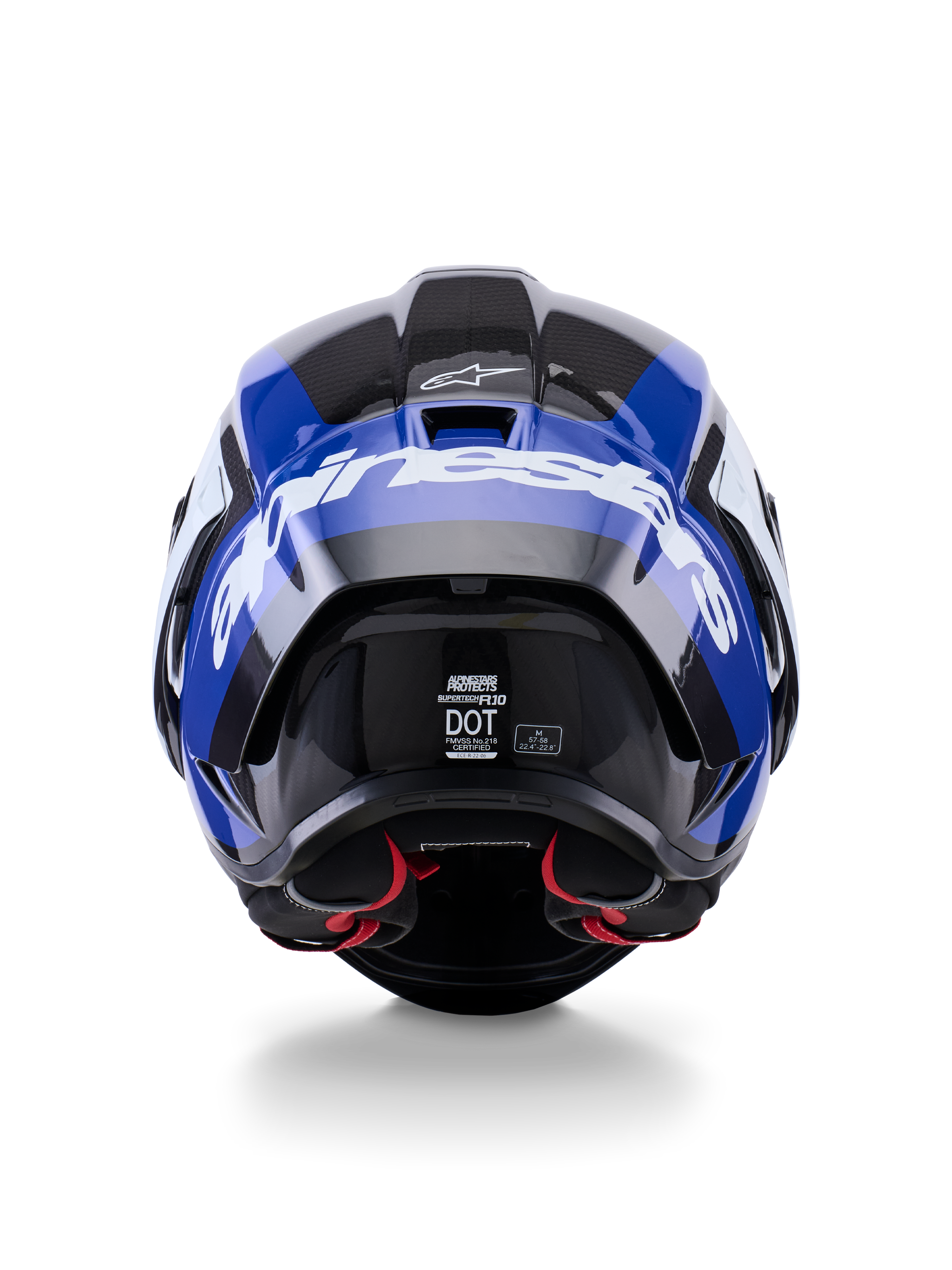 Alpinestars Supertech R10 Arius Helmet, Rear View, Black White and Blue Glossy, carbon fiber construction with bold white branding, aerodynamic shape, DOT certified label, red interior padding