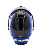 Alpinestars Supertech R10 Arius Helmet, Full-Face Motorcycle Racing Helmet, Glossy Black White and Blue, top view highlighting carbon fiber weave, aerodynamic vents, and white Alpinestars branding