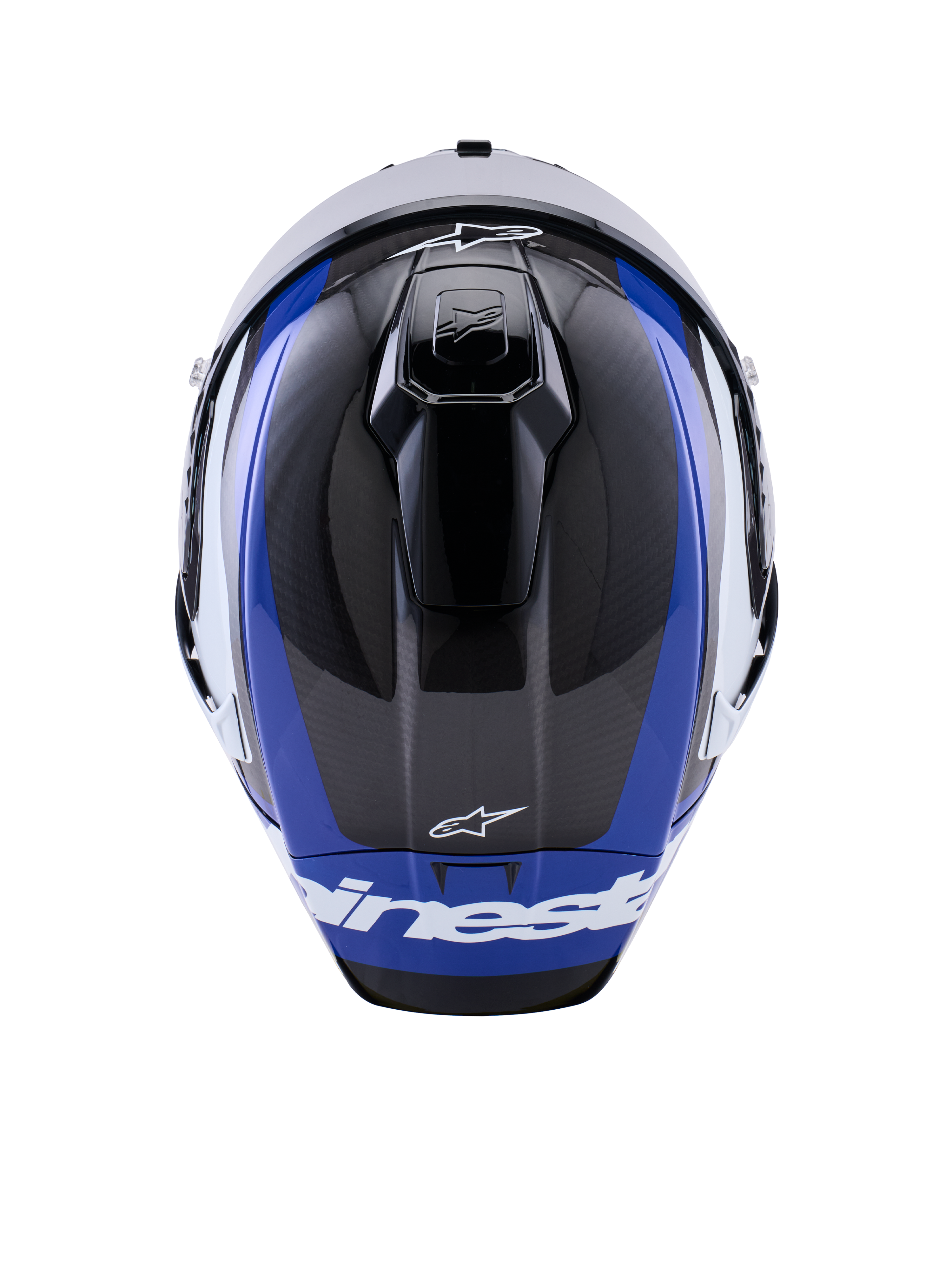 Alpinestars Supertech R10 Arius Helmet, Full-Face Motorcycle Racing Helmet, Glossy Black White and Blue, top view highlighting carbon fiber weave, aerodynamic vents, and white Alpinestars branding