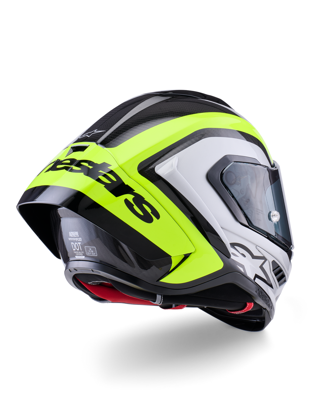 Alpinestars Supertech R10 Arius Helmet, Rear View, Black Silver and Fluo Yellow Glossy, carbon fiber shell construction, large aerodynamic spoiler with black Alpinestars text, racing-grade protection with sleek design