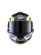 Alpinestars Supertech R10 Arius Helm, Rennmotorradhelm, Schwarz, Silber und Fluo-Gelb Glänzend, Vorderansicht mit Carbon-Schale, dunkel getöntem Visier und integriertem Belüftungssystem.