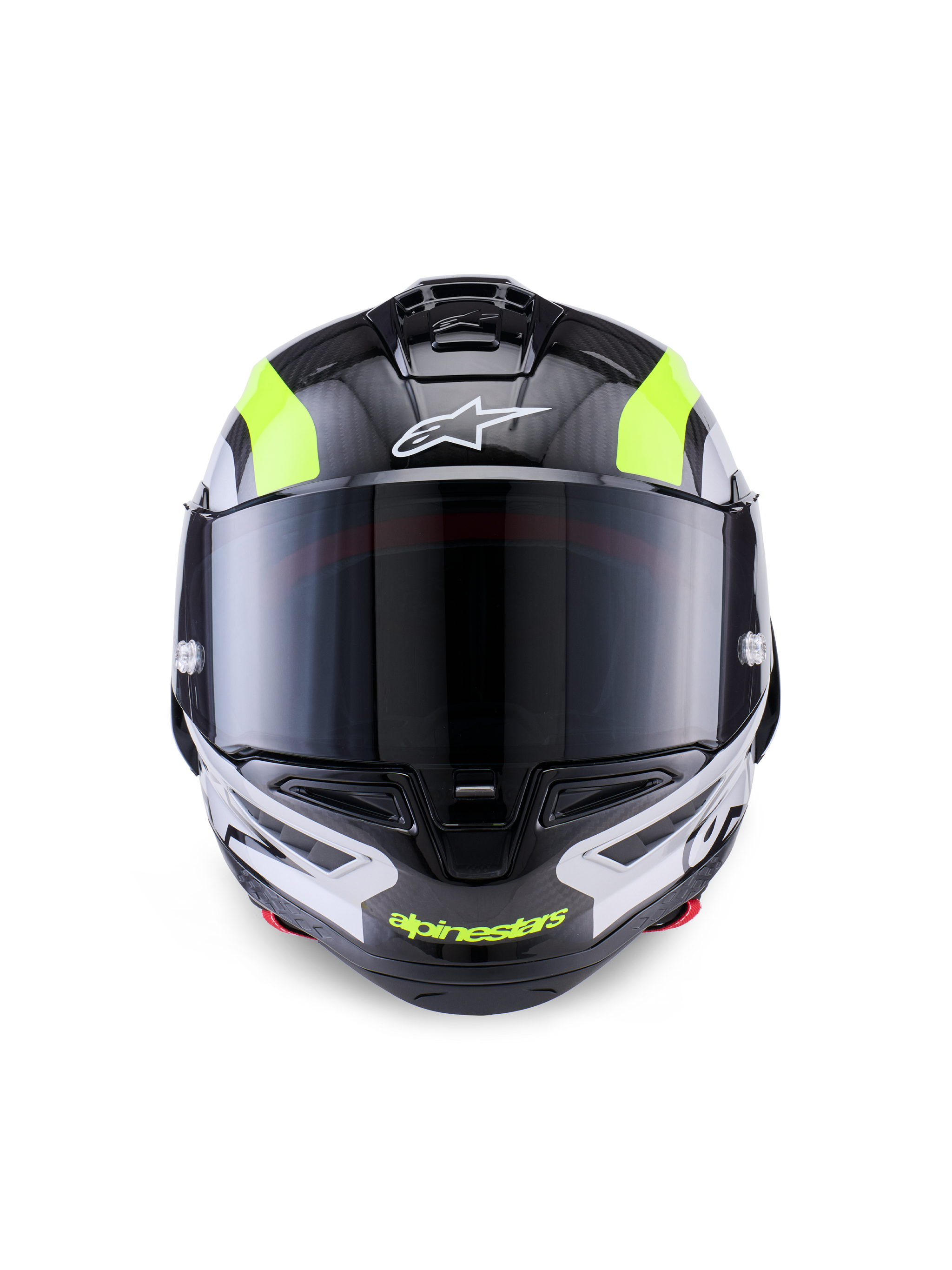 Alpinestars Supertech R10 Arius Helm, Rennmotorradhelm, Schwarz, Silber und Fluo-Gelb Glänzend, Vorderansicht mit Carbon-Schale, dunkel getöntem Visier und integriertem Belüftungssystem.