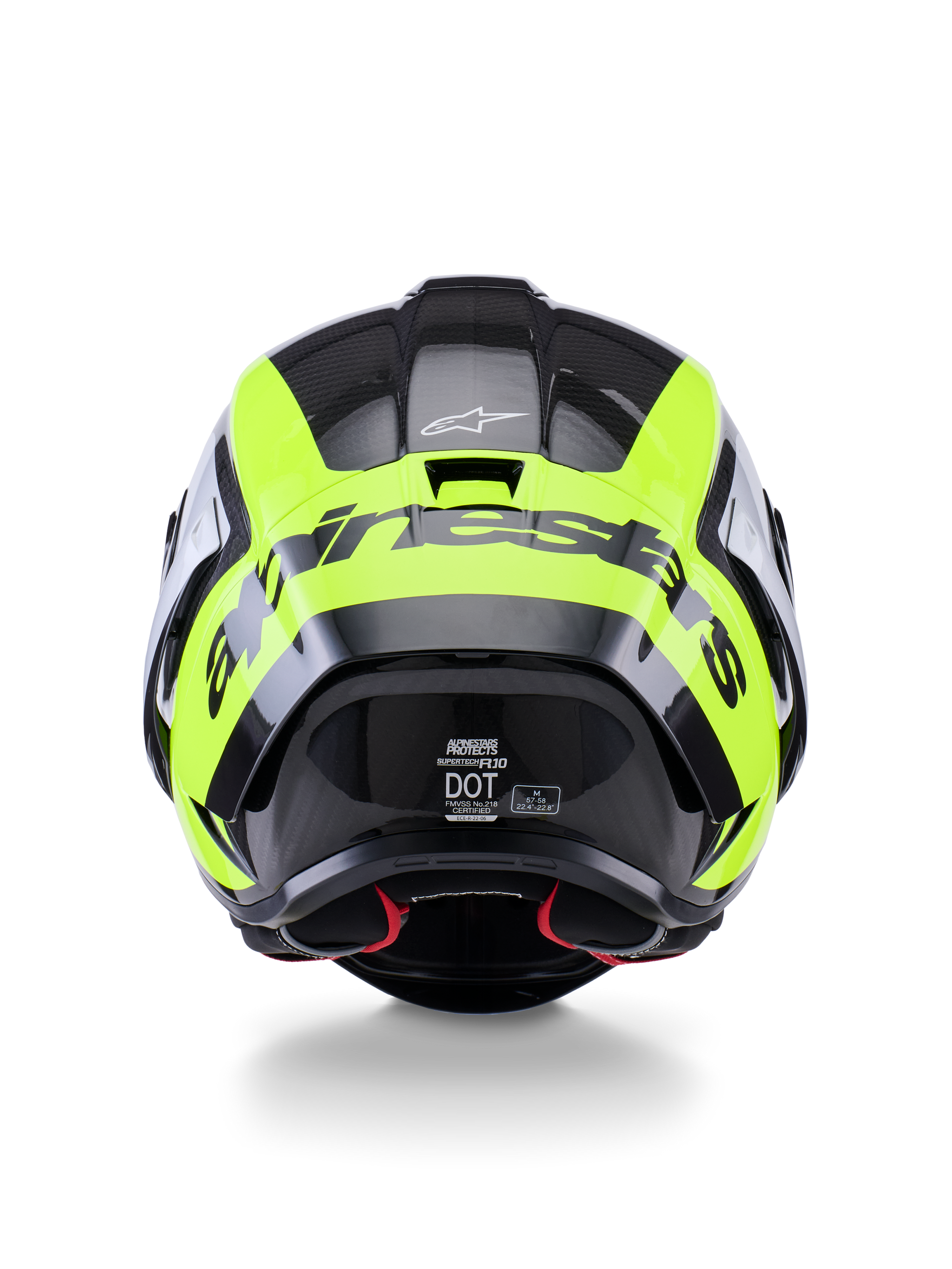 Alpinestars Supertech R10 Arius Helm, Rückansicht, Schwarz, Silber und Fluo-Gelb Glänzend, Hochleistungs-Rennhelm mit Multi-Composite-Carbonschale, aerodynamischem Design und markantem Markenlogo auf der Rückseite.