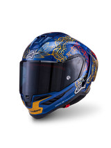 Alpinestars Supertech R10 Martinator Thai Helmet, glossy blue carbon racing helmet with gold graphics and dark smoke visor.