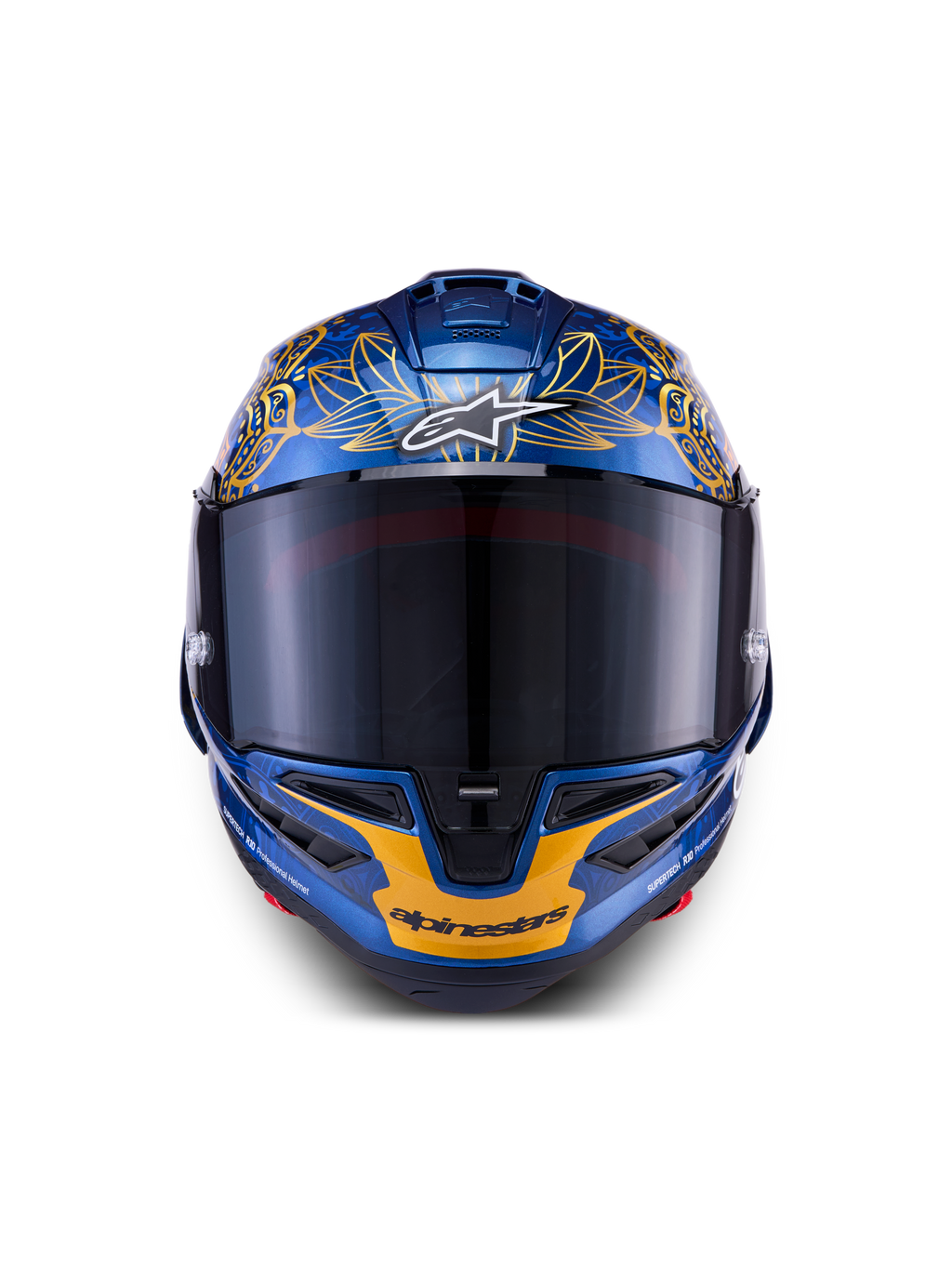 Alpinestars Supertech R10 Martinator Thai LE Helmet in metallic blue and gold carbon fiber with a front-facing tinted visor.