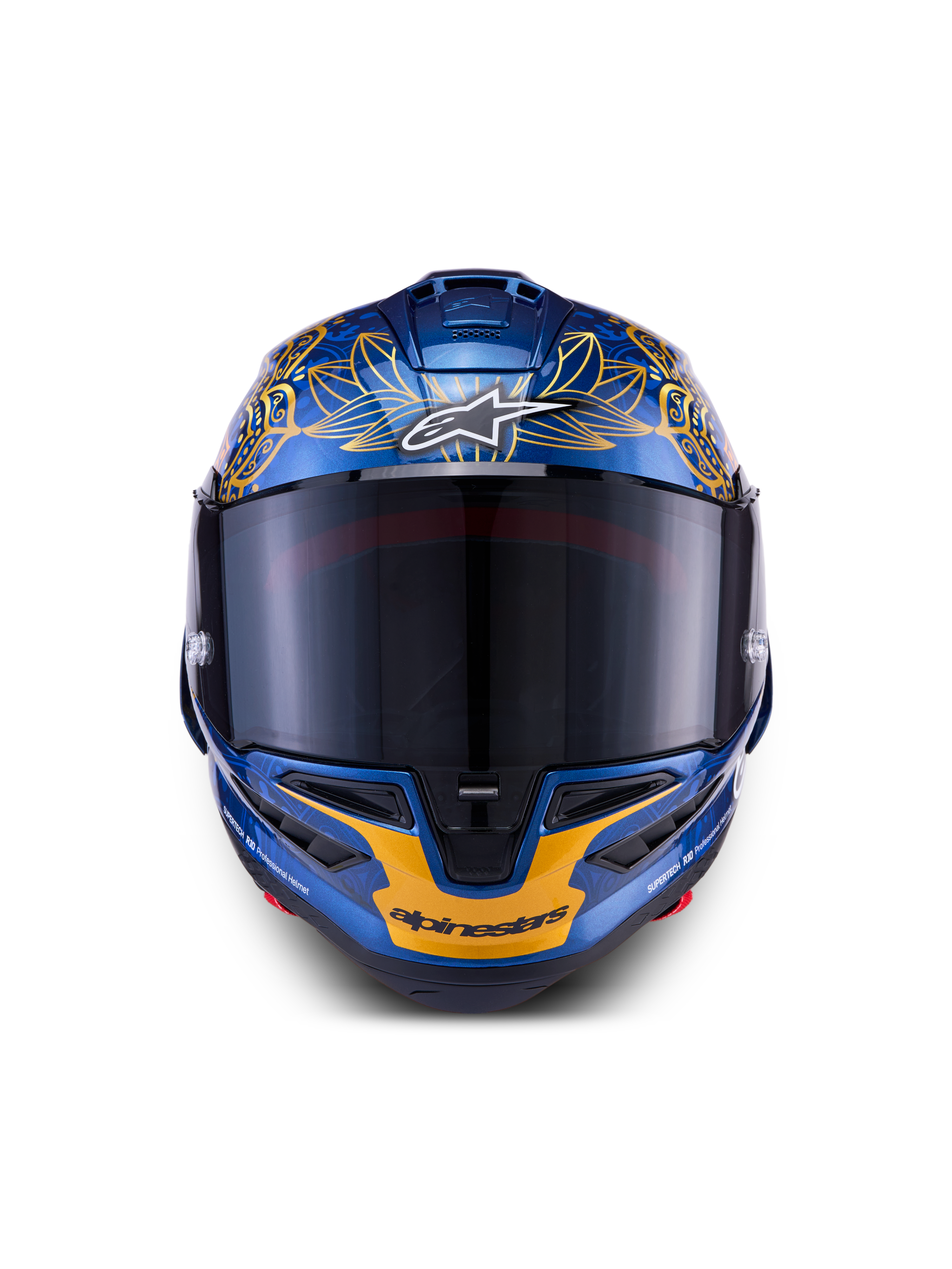 Alpinestars Supertech R10 Martinator Thai LE Helmet in metallic blue and gold carbon fiber with a front-facing tinted visor.