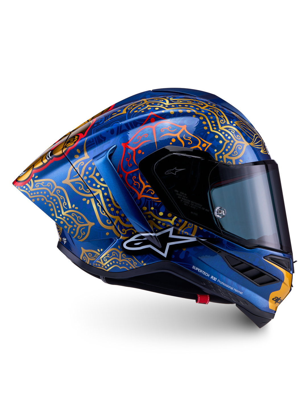 Alpinestars Supertech R10 Martinator Thai Helm, blaues Glanzcarbon mit goldenen Mandalas und Rennprofil.