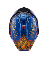 Alpinestars Supertech R10 Martinator Thai Helmet, glossy blue carbon shell with gold elephant graphic and intricate rear patterns.