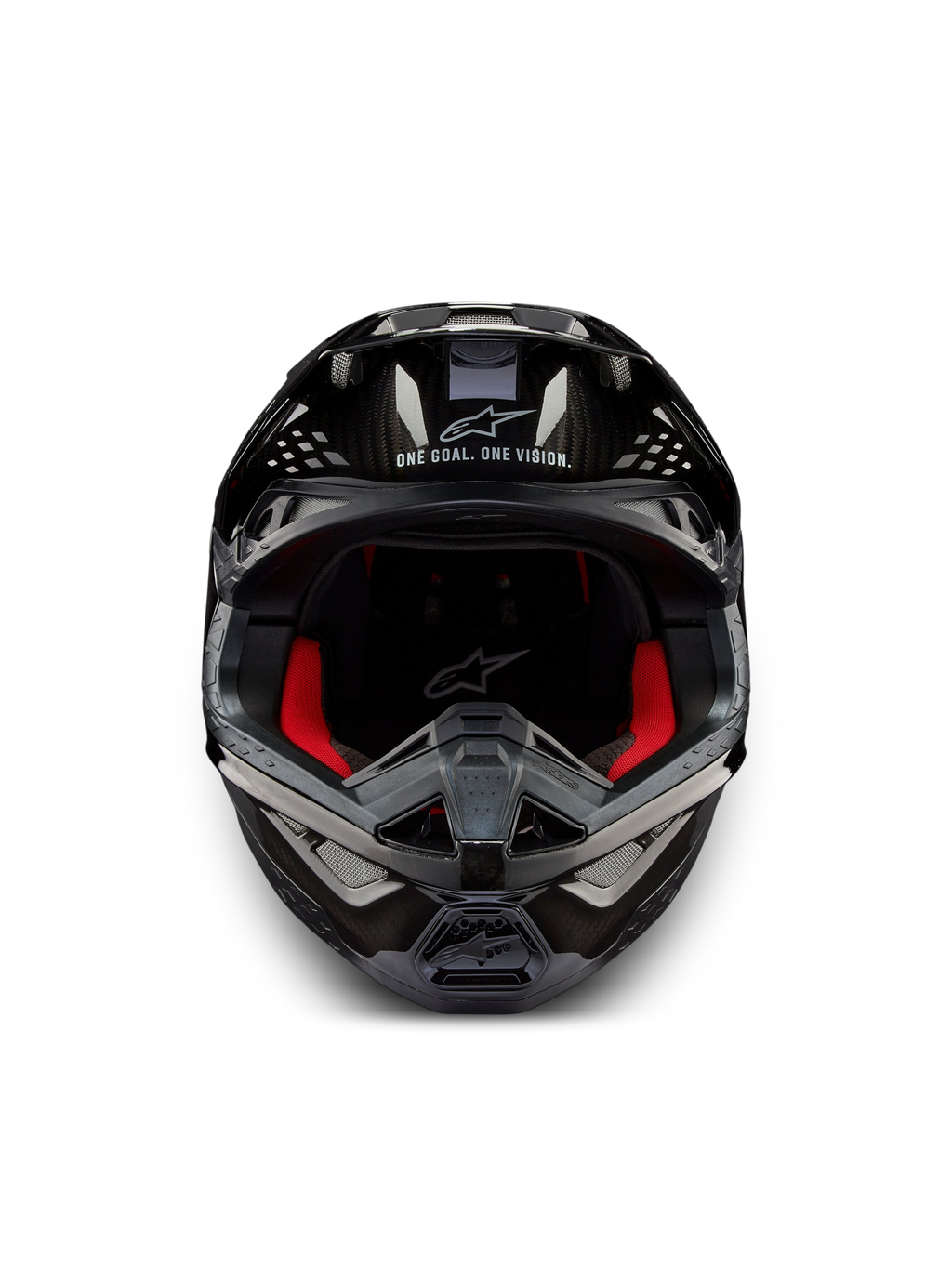 Alpinestars Supertech M10 Solid Helmet ECE 22.06, front view motocross helmet in Black Glossy Carbon with red interior padding and ventilation ports