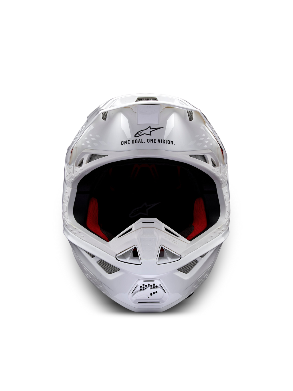 Alpinestars Supertech M10 Helm Solid ECE 22.06, weiß glänzender Motocross-Helm in Frontansicht mit roter und schwarzer Innenpolsterung