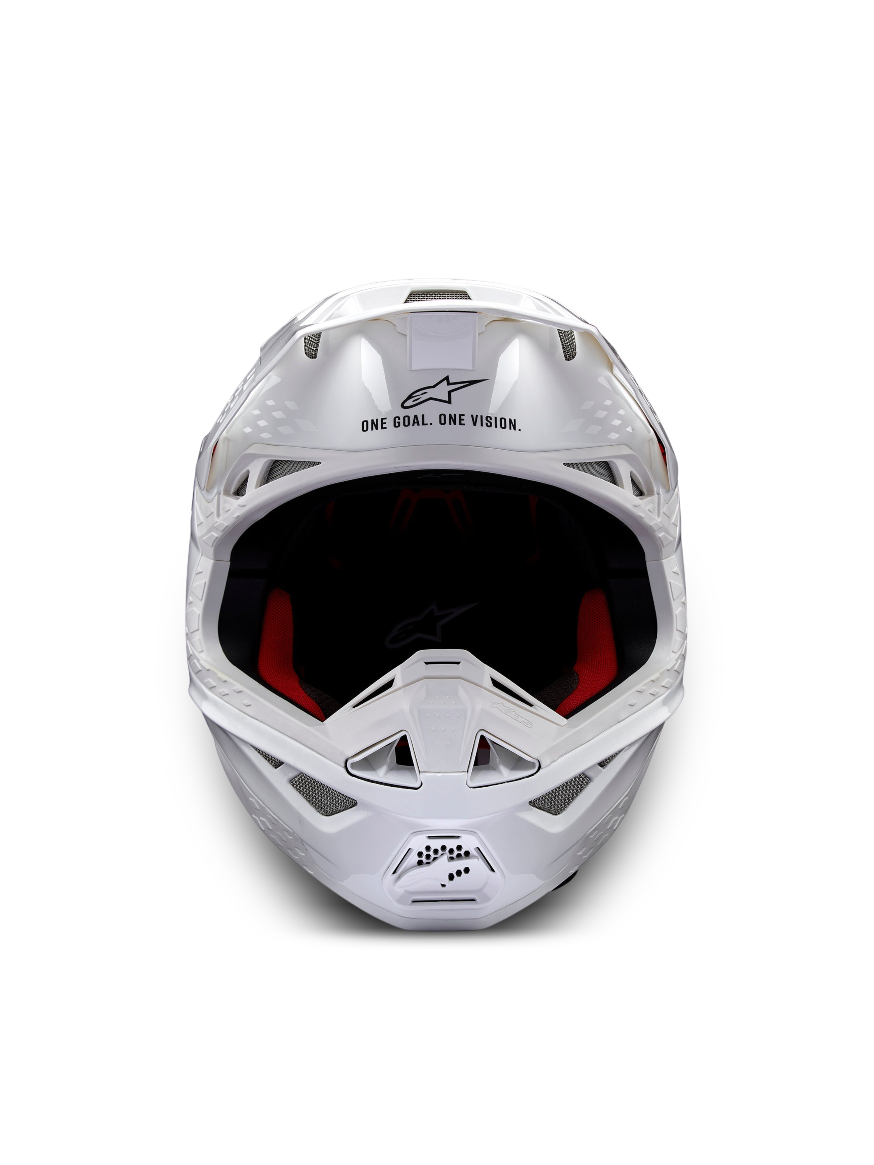 Alpinestars Supertech M10 Helm Solid ECE 22.06, weiß glänzender Motocross-Helm in Frontansicht mit roter und schwarzer Innenpolsterung