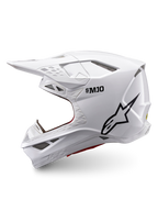 Alpinestars Supertech M10 Solid Helm ECE 22.06, glänzend weißer Motocross-Helm mit schwarzem Logo, Seitenansicht und mehreren Belüftungsöffnungen