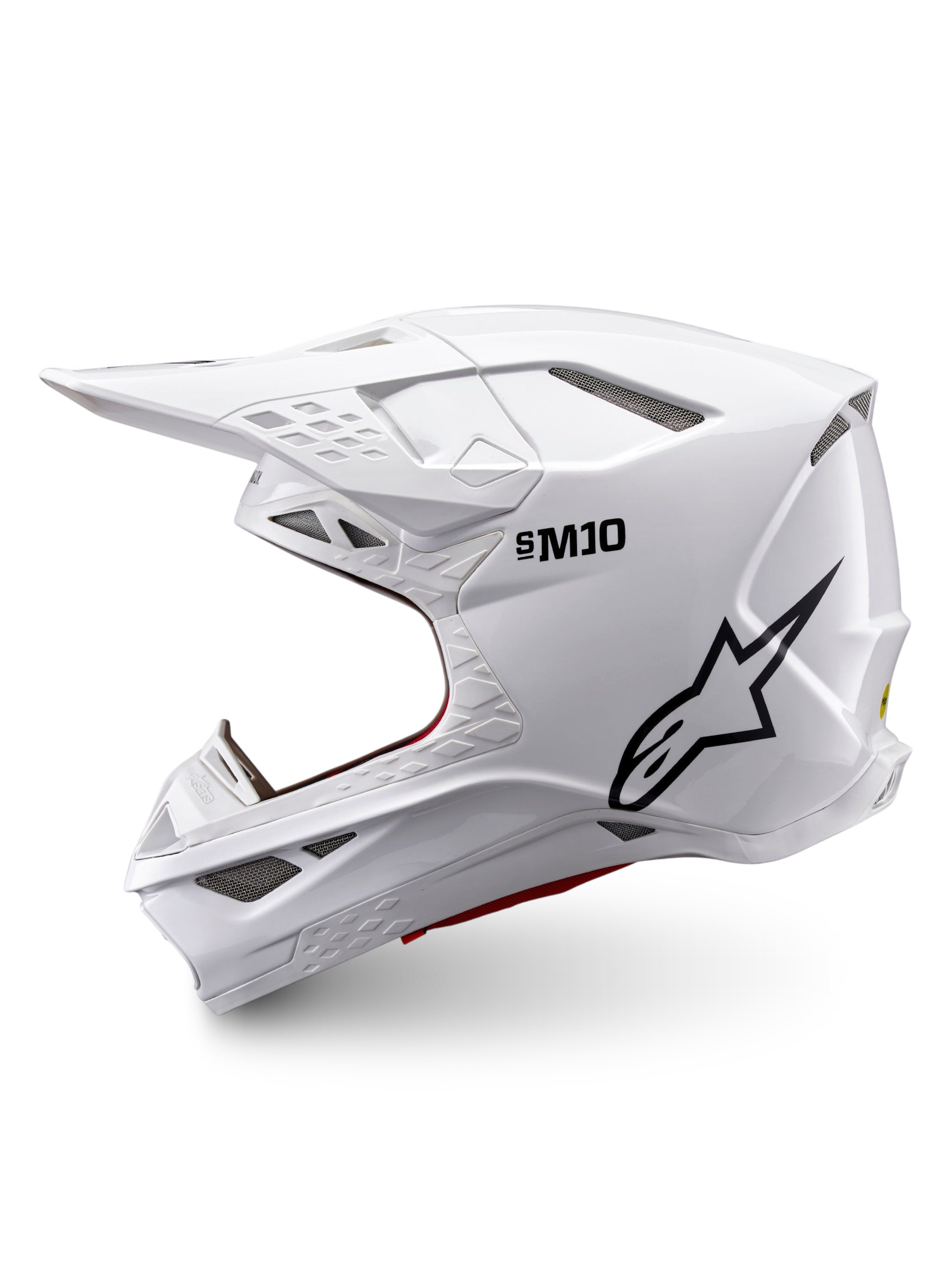 Alpinestars Supertech M10 Solid Helm ECE 22.06, glänzend weißer Motocross-Helm mit schwarzem Logo, Seitenansicht und mehreren Belüftungsöffnungen