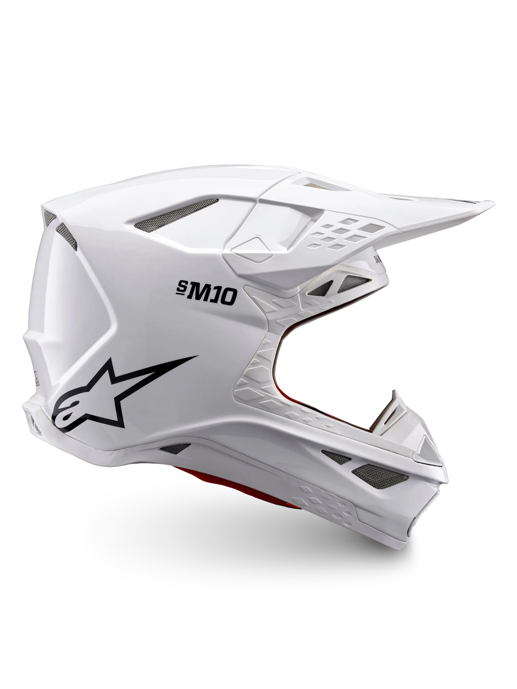 Alpinestars Supertech M10 Solid Helm ECE 22.06, weiß glänzender Motocross-Helm mit schwarzem Logo, Visier und belüftetem Vollvisierdesign, Seitenansicht