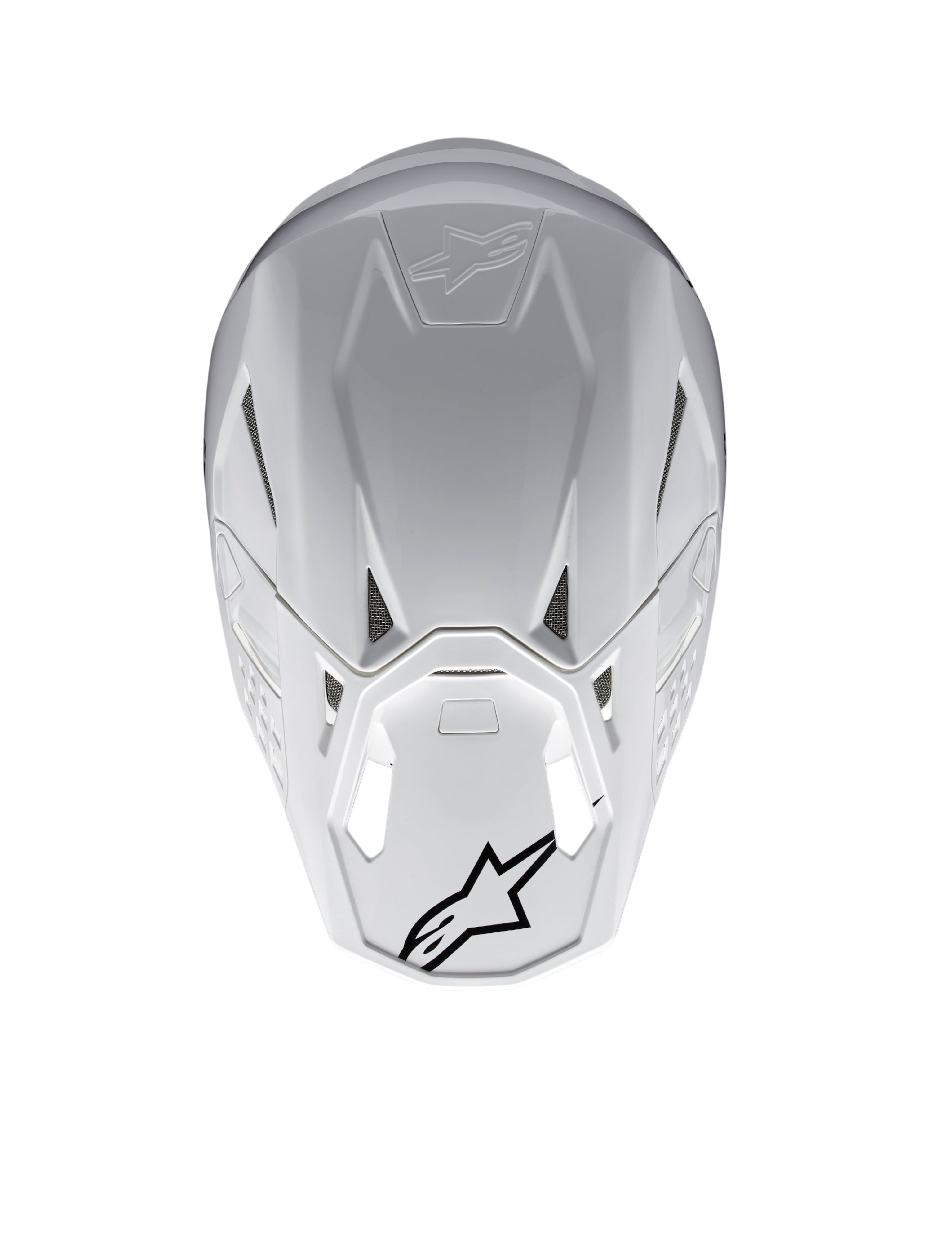 Alpinestars Supertech M10 Solid Helm, weiß glänzender Motocross-Helm in Rückansicht mit Belüftungsöffnungen und schwarzen Alpinestars-Logos, Carbon- und Aramidkompositschale, ECE 22.06-zertifiziert