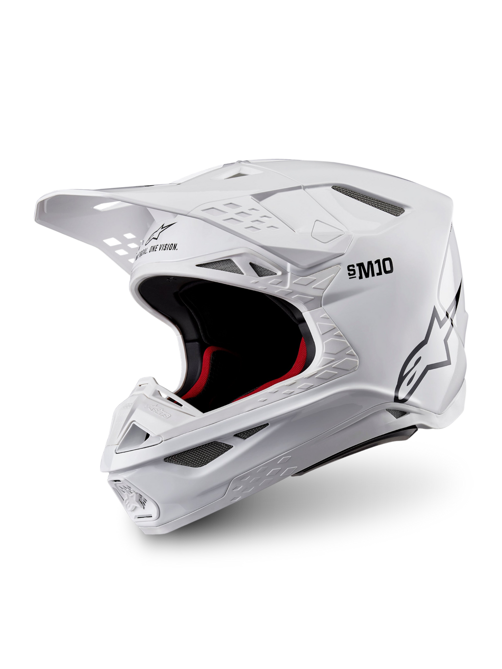 Alpinestars Supertech M10 Solid Helm ECE 22.06, glänzender weißer Motocross-Helm mit schwarzer und roter Innenpolsterung, Helmschirm und mehreren Belüftungsöffnungen, Dreiviertelansicht
