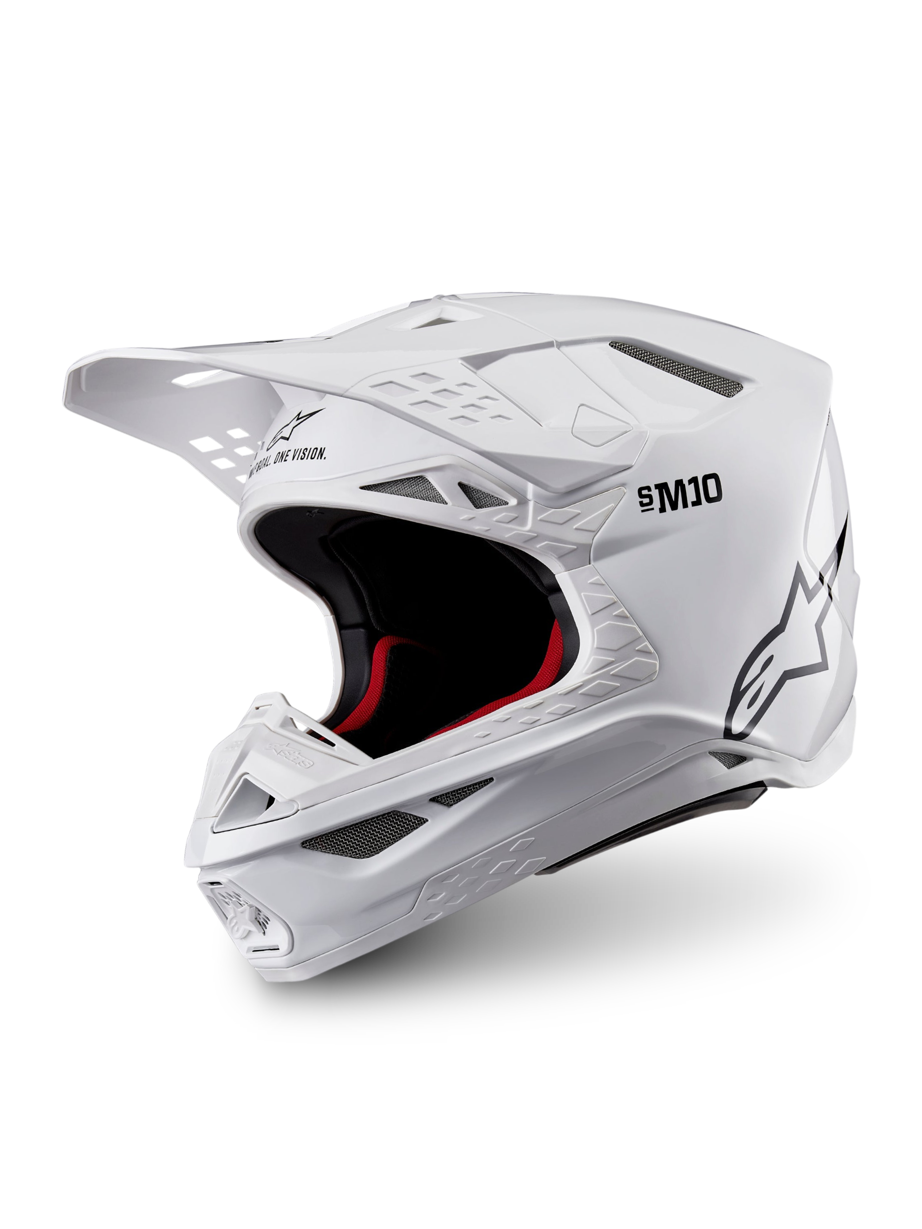 Alpinestars Supertech M10 Solid Helm ECE 22.06, glänzender weißer Motocross-Helm mit schwarzer und roter Innenpolsterung, Helmschirm und mehreren Belüftungsöffnungen, Dreiviertelansicht
