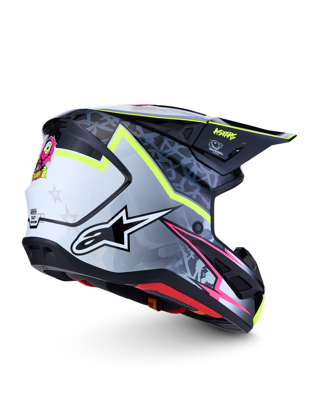 Alpinestars S-M7 Blaster Helm ECE06, Motocross-Helm in Schwarz und Grau mit fluoreszierend gelben Akzenten, ECE-zertifiziert.