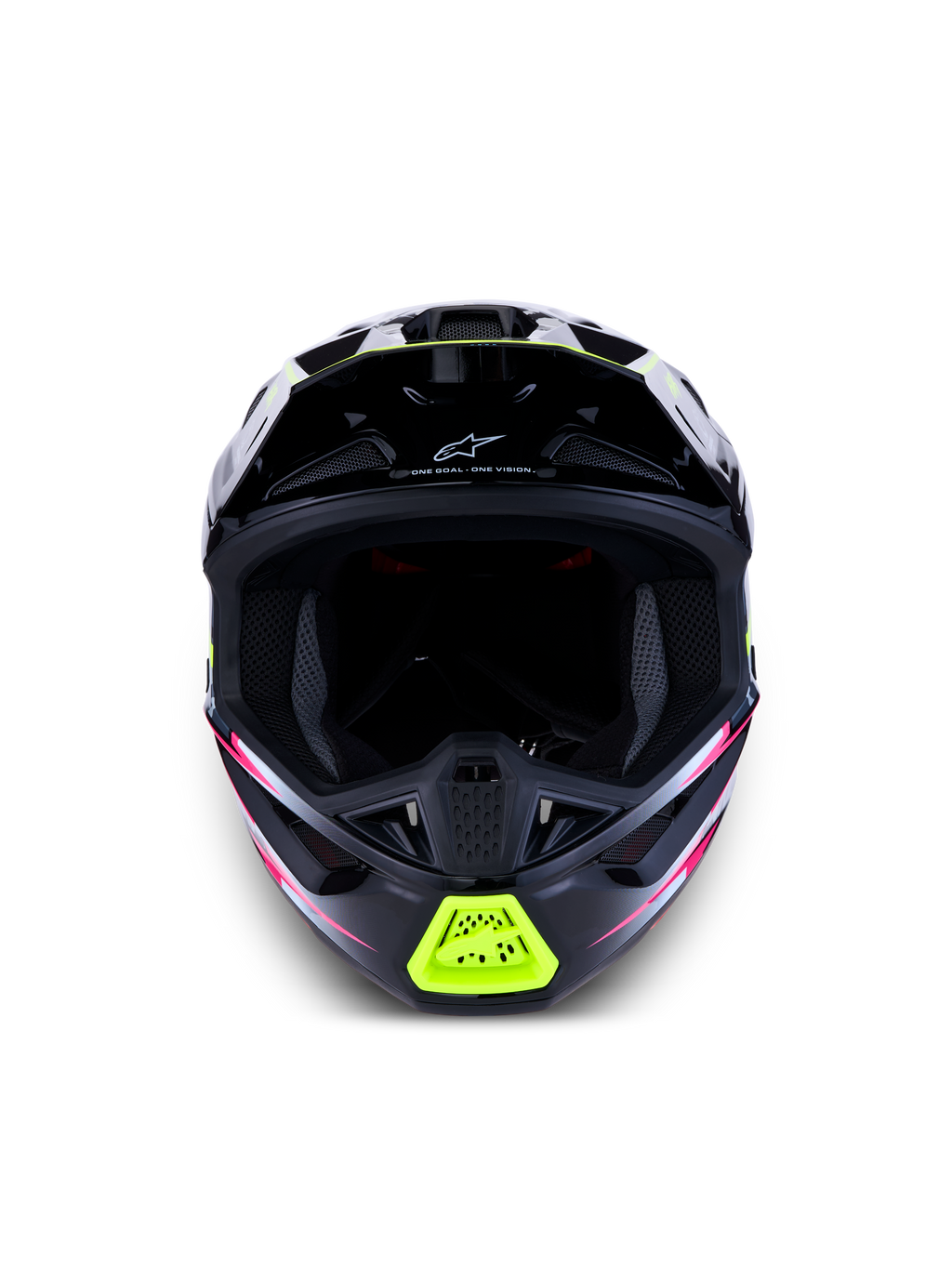 Alpinestars S-M7 Blaster Helm ECE06, Motocross-Helm für Geländefahrten, Schwarz mit fluo-gelben und pinkfarbenen Akzenten, Frontansicht mit sichtbaren Belüftungsöffnungen.