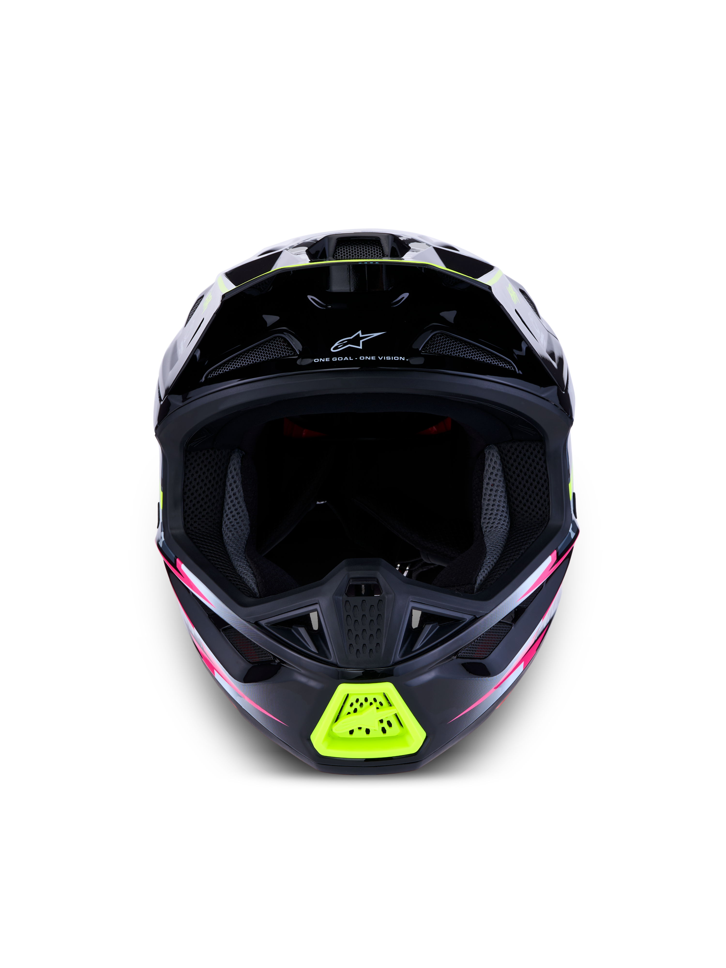 Alpinestars S-M7 Blaster Helm ECE06, Motocross-Helm für Geländefahrten, Schwarz mit fluo-gelben und pinkfarbenen Akzenten, Frontansicht mit sichtbaren Belüftungsöffnungen.
