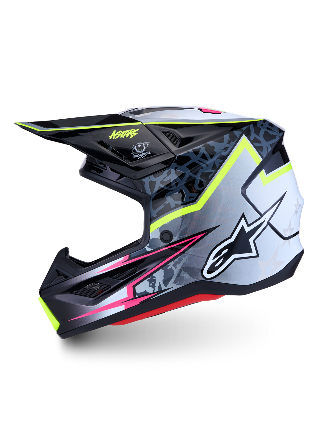 Alpinestars S-M7 Blaster Helm ECE06, Motocross-Helm, Schwarz und Grau mit neongelben und pinken Grafiken, ECE-zertifiziert.