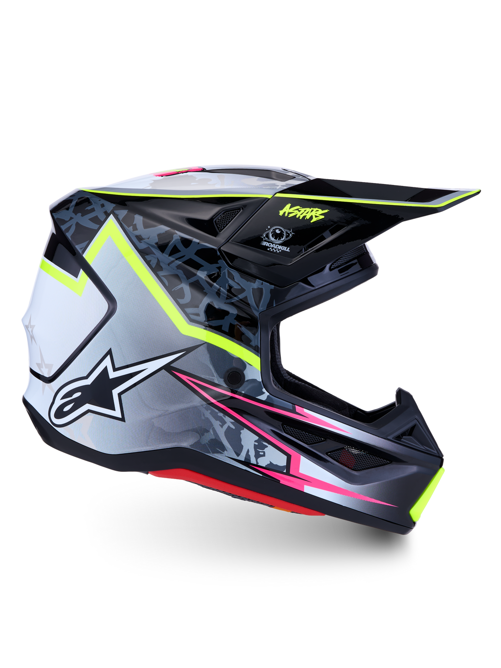 Alpinestars S-M7 Blaster Motocrosshelm in Schwarz und Grau mit neongelben und pinkfarbenen Akzenten, ECE 22.06 zertifiziert.