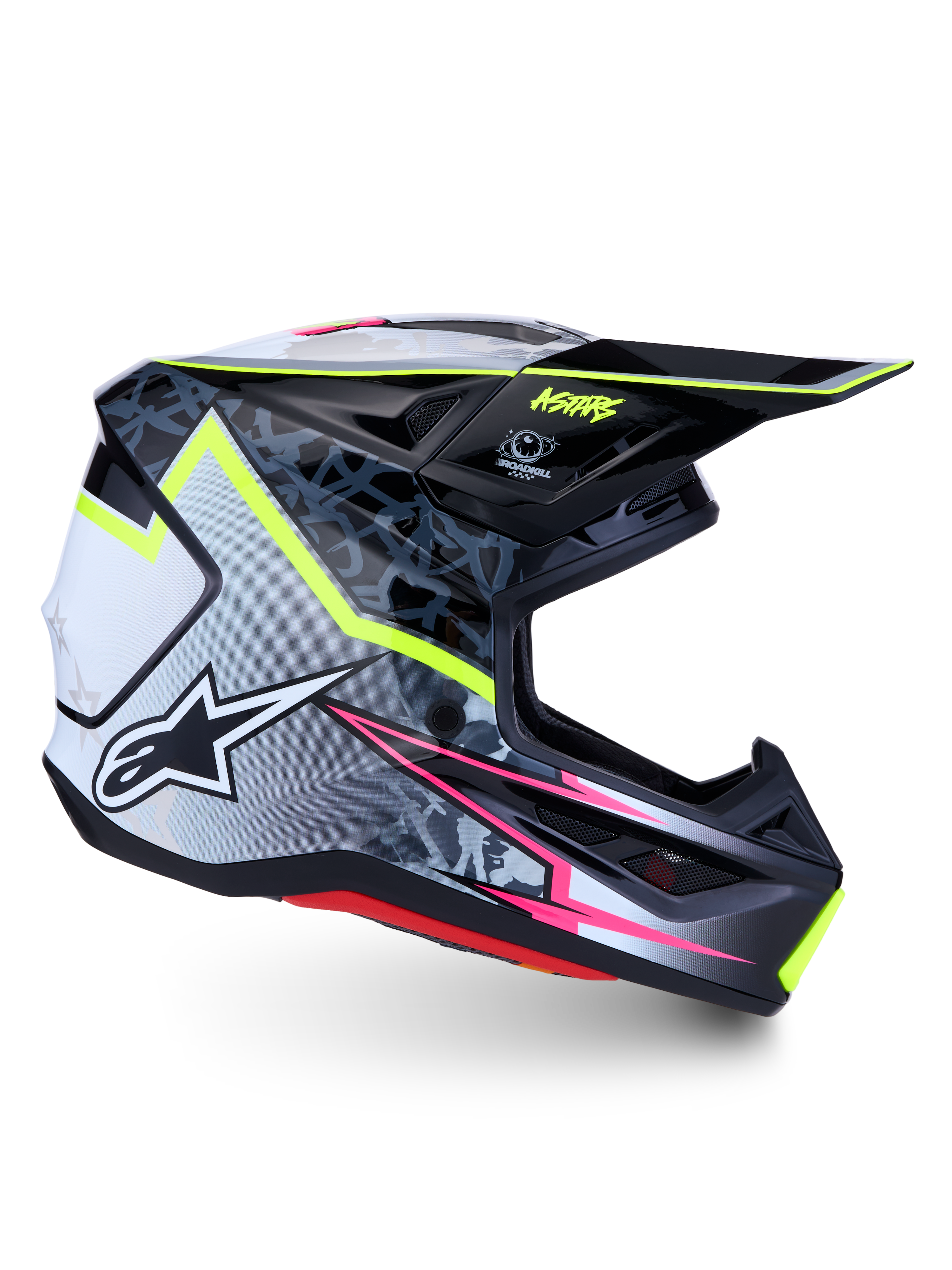 Alpinestars S-M7 Blaster Motocrosshelm in Schwarz und Grau mit neongelben und pinkfarbenen Akzenten, ECE 22.06 zertifiziert.
