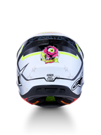 Alpinestars S-M7 Blaster Motocross-Helm, Rückansicht, Weiß-Schwarz mit gelben Akzenten, pinke Rosengrafik, ECE-zertifiziert.