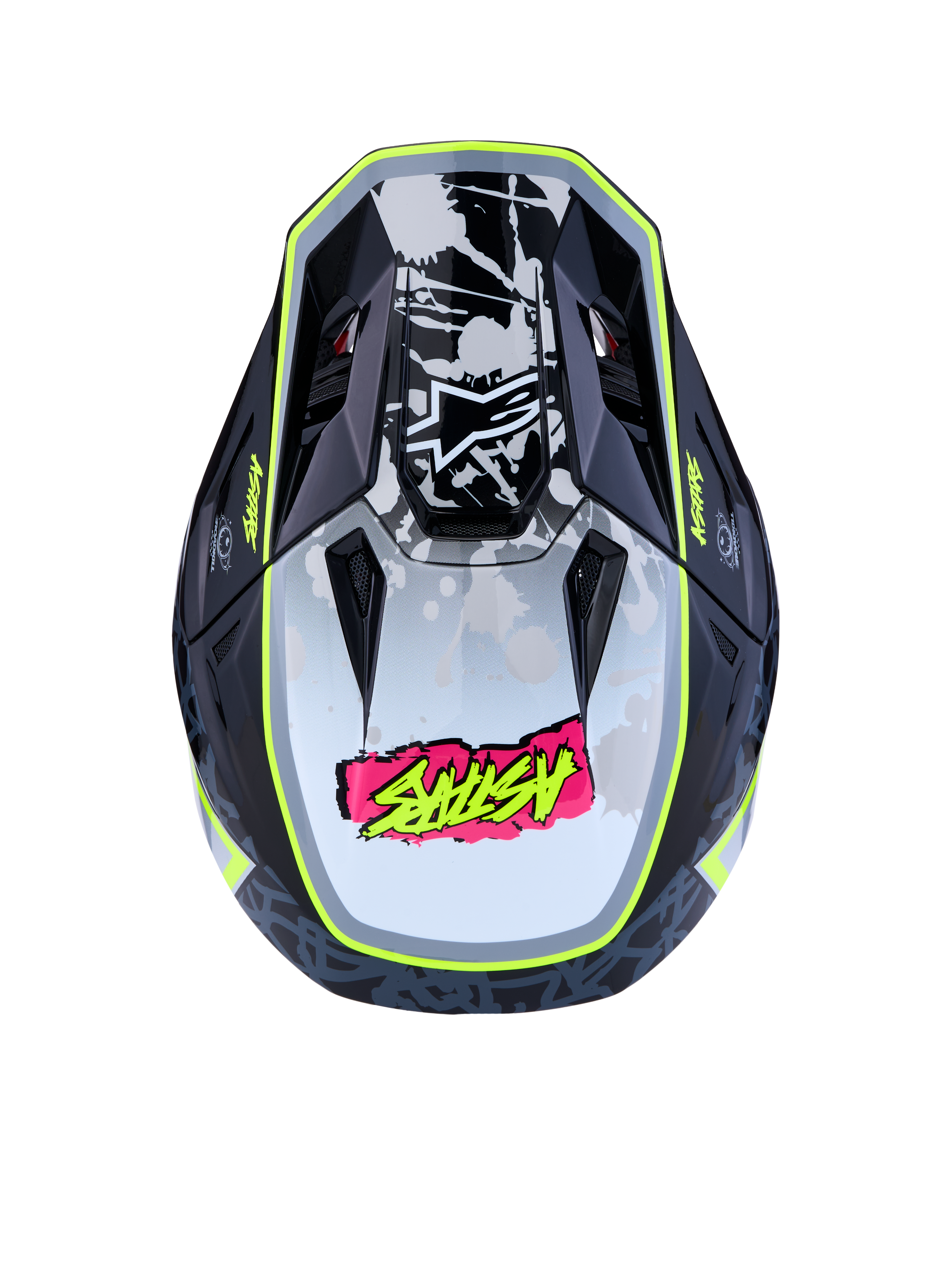 Alpinestars S-M7 Blaster Helm ECE06, Motocross-Helm in Schwarz und Gelb, Draufsicht mit aerodynamischer Schale und Grafiken.