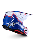 Alpinestars S-M7 Blaster Helm ECE06, glänzender Motocross-Helm in Blau und Weiß mit roten Akzenten, aerodynamisches Schalenprofil, zertifizierter Offroad-Schutz.