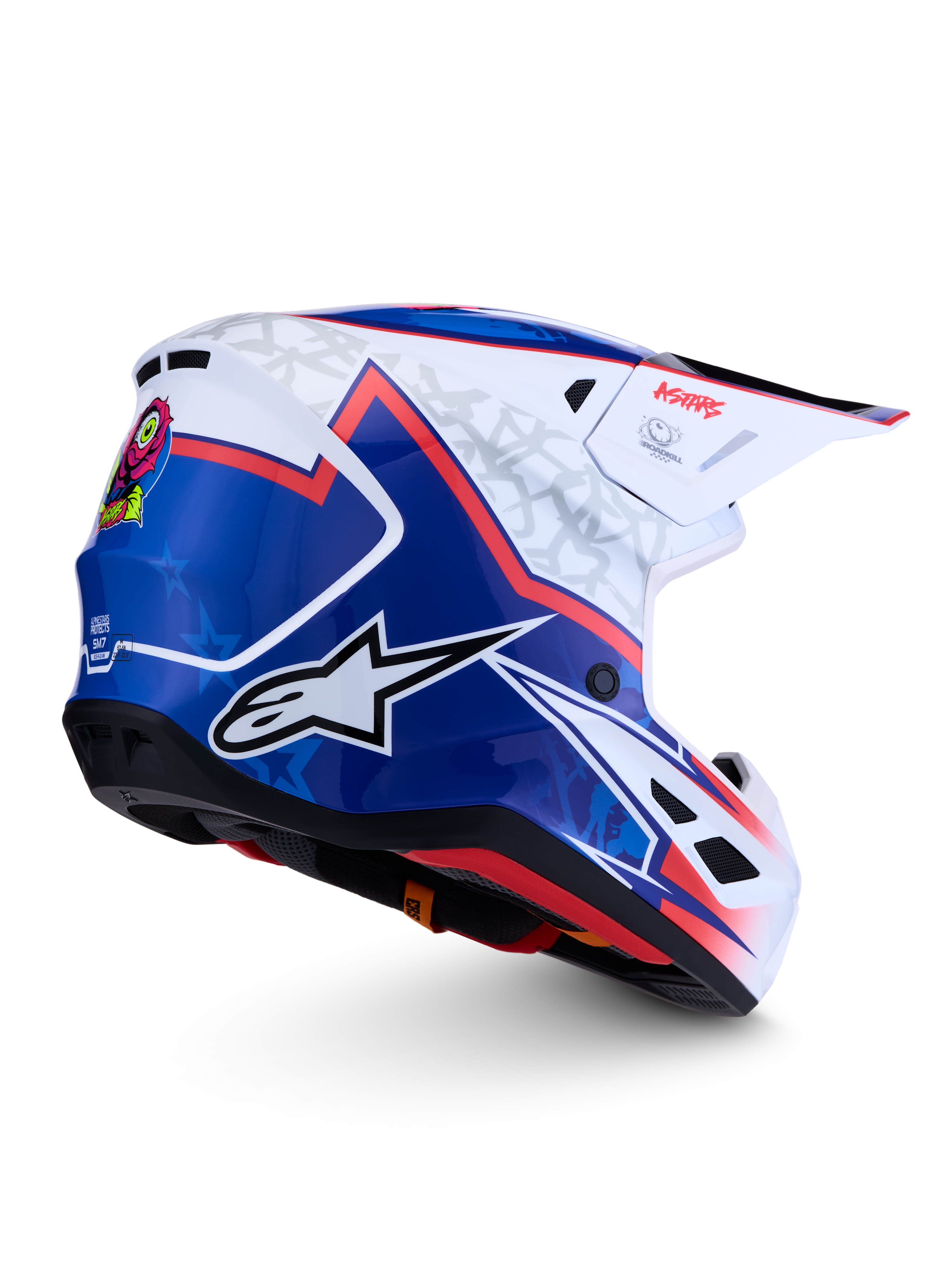 Alpinestars S-M7 Blaster Helm ECE06, glänzender Motocross-Helm in Blau und Weiß mit roten Akzenten, aerodynamisches Schalenprofil, zertifizierter Offroad-Schutz.