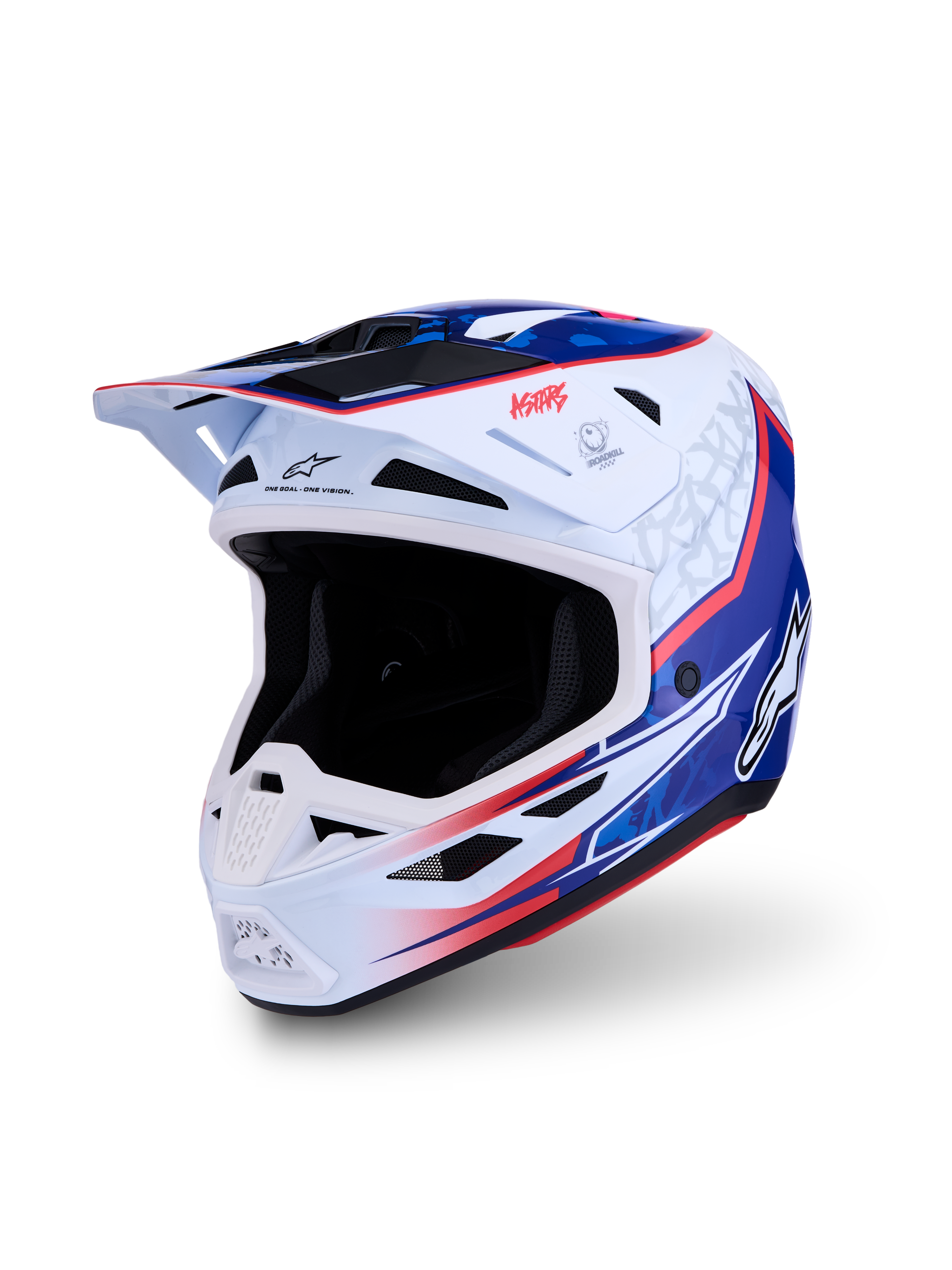 Alpinestars S-M7 Blaster Helm, glänzend Weiß, Blau und Rot, ECE 22.06 zertifizierter Motocross-Helm mit leichter Verbundschale.