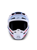 Alpinestars S-M7 Blaster Helm ECE06, professioneller Motocross-Helm, Frontansicht in Weiß, Blau und Rot glänzend, aerodynamische Verbundschale mit Belüftungsöffnungen, ECE 22.06 zertifiziert