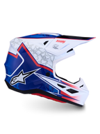 Alpinestars S-M7 Blaster Motocross-Helm, glänzende Verbundschale in Weiß, Blau und Rot, ECE-22.06-zertifiziert.