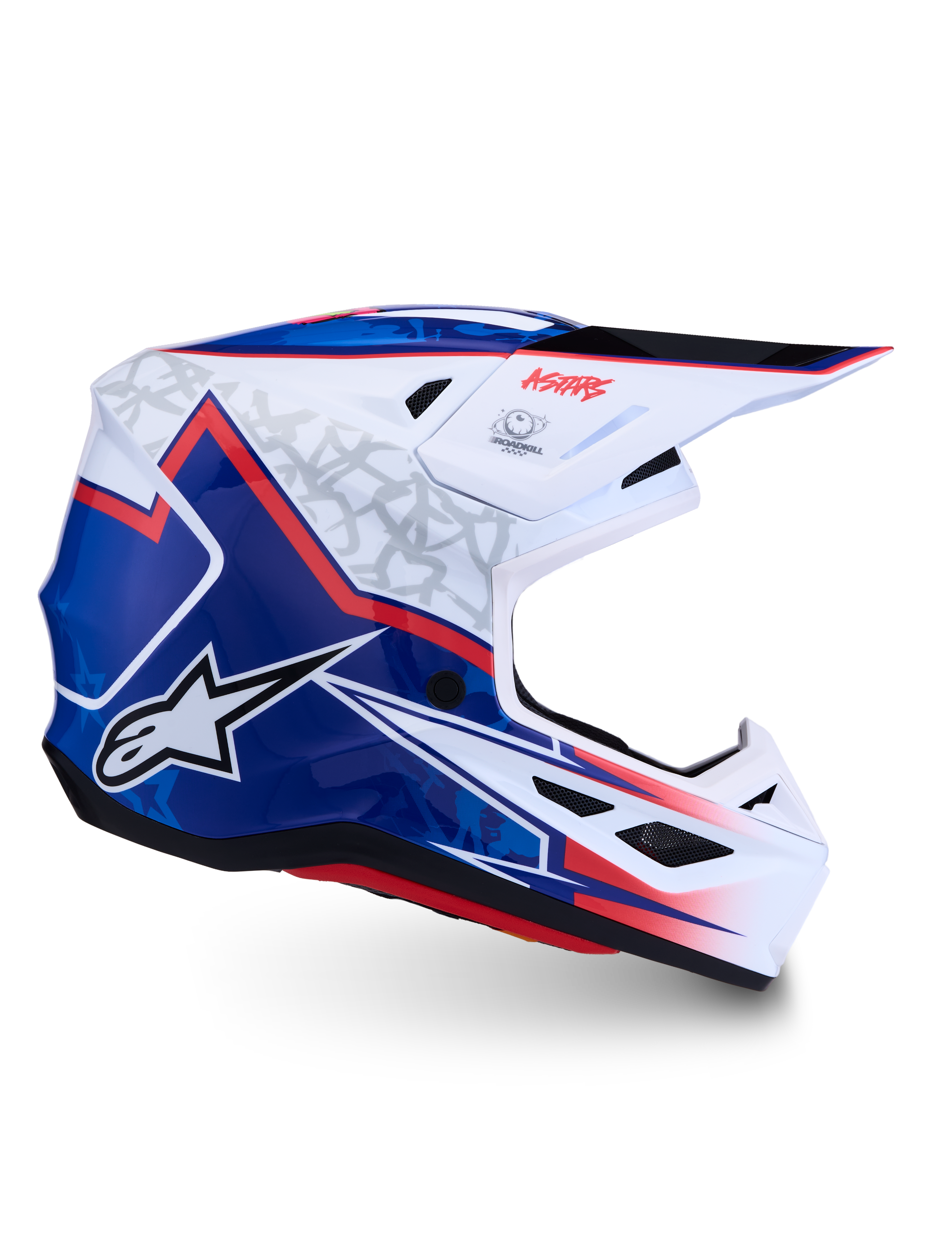 Alpinestars S-M7 Blaster Motocross-Helm, glänzende Verbundschale in Weiß, Blau und Rot, ECE-22.06-zertifiziert.